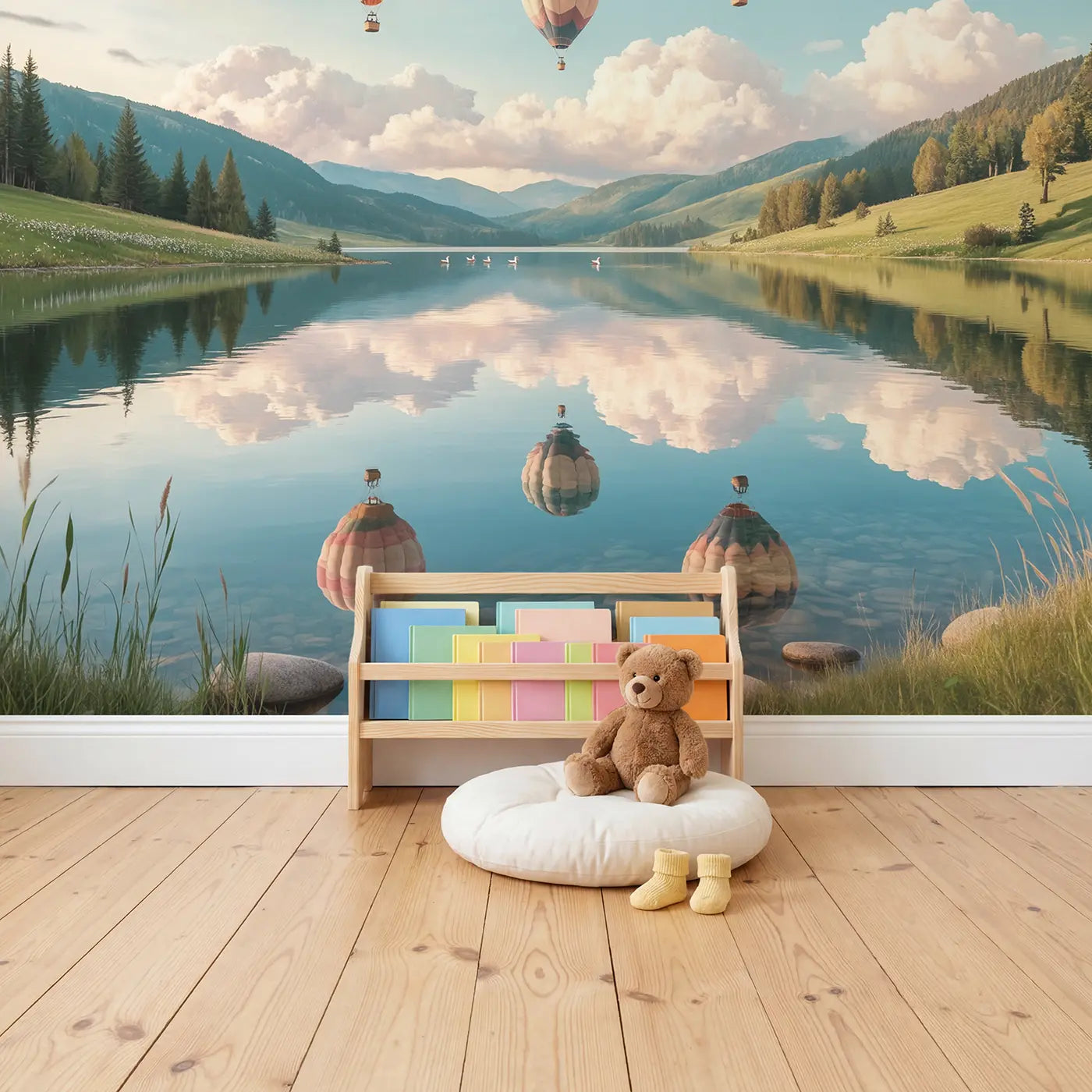 Cloud Balloon Lake Mirror Wallpaper Mural in playroom setting by Whimsy Tots