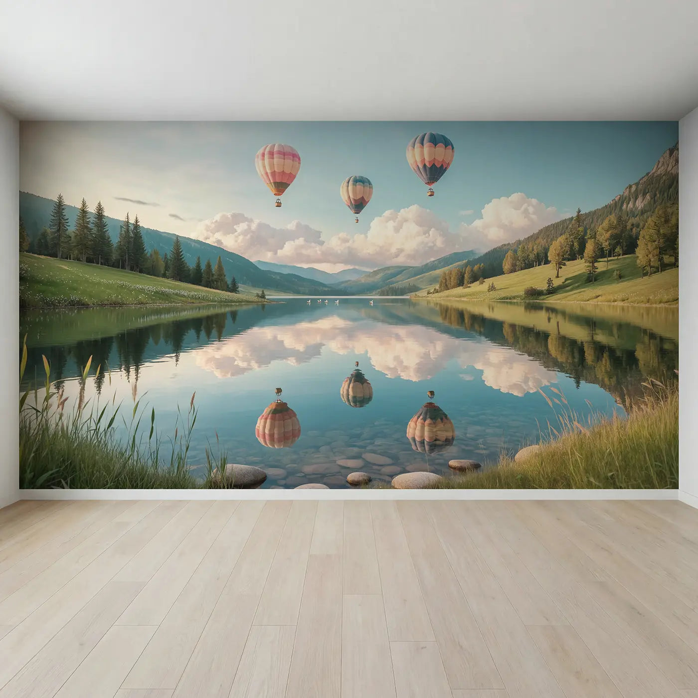 Full view of Cloud Balloon Lake Mirror Wallpaper Mural by Whimsy Tots