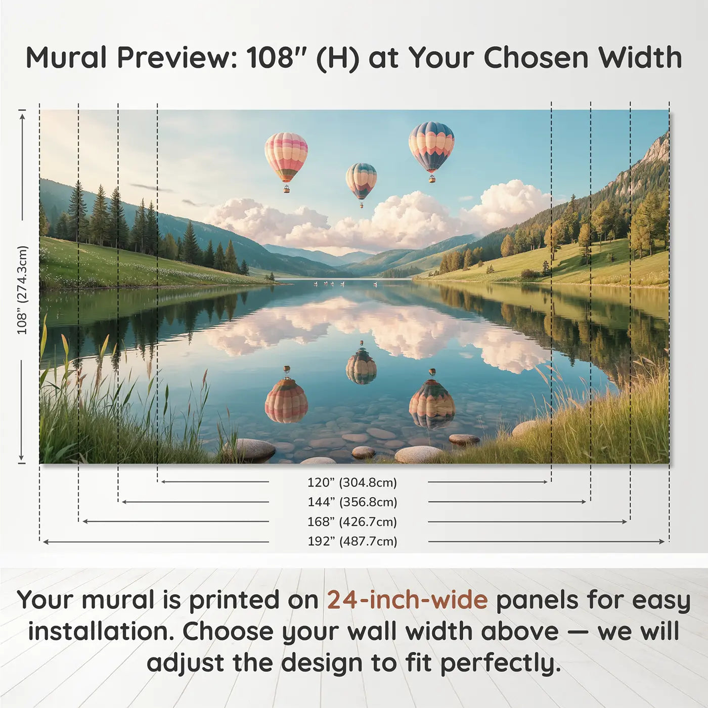 Panel layout and dimensions for Cloud Balloon Lake Mirror Wallpaper Mural by Whimsy Tots