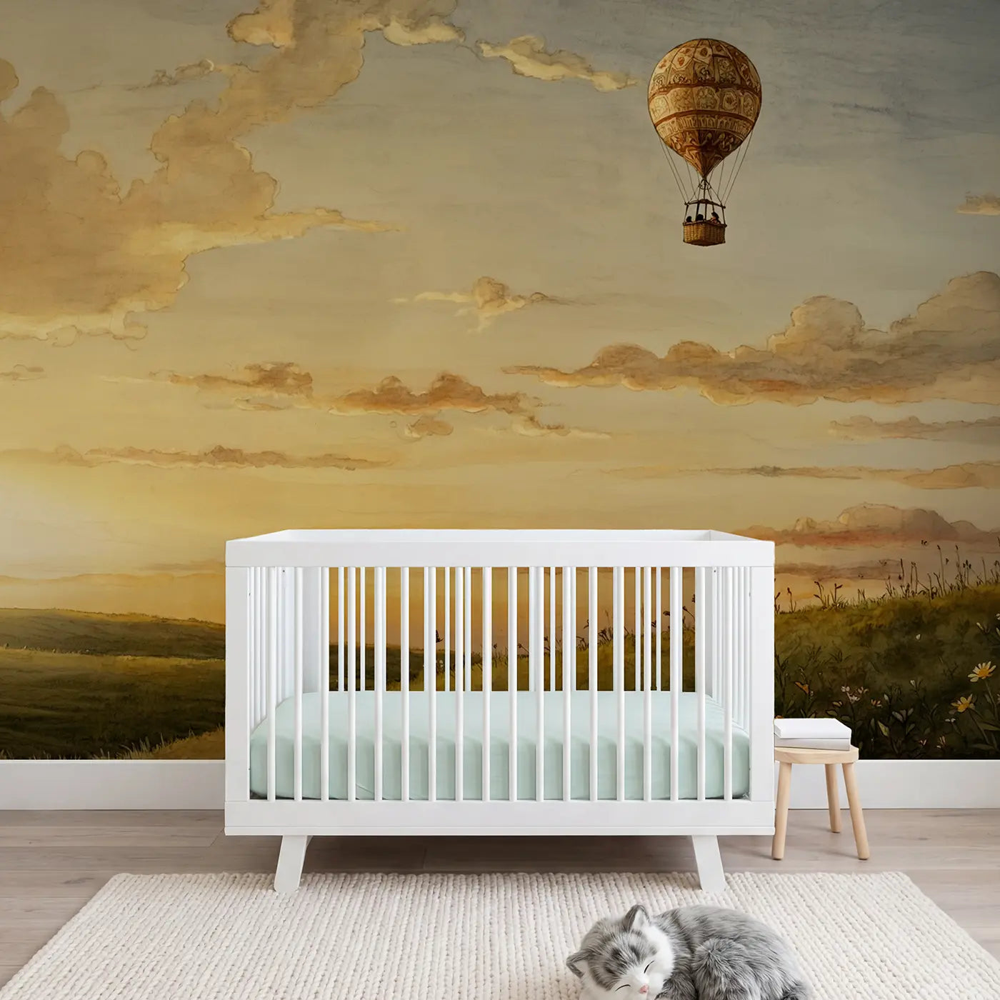 storybook hot air balloon sky wallpaper mural for girls room by Whimsy Tots