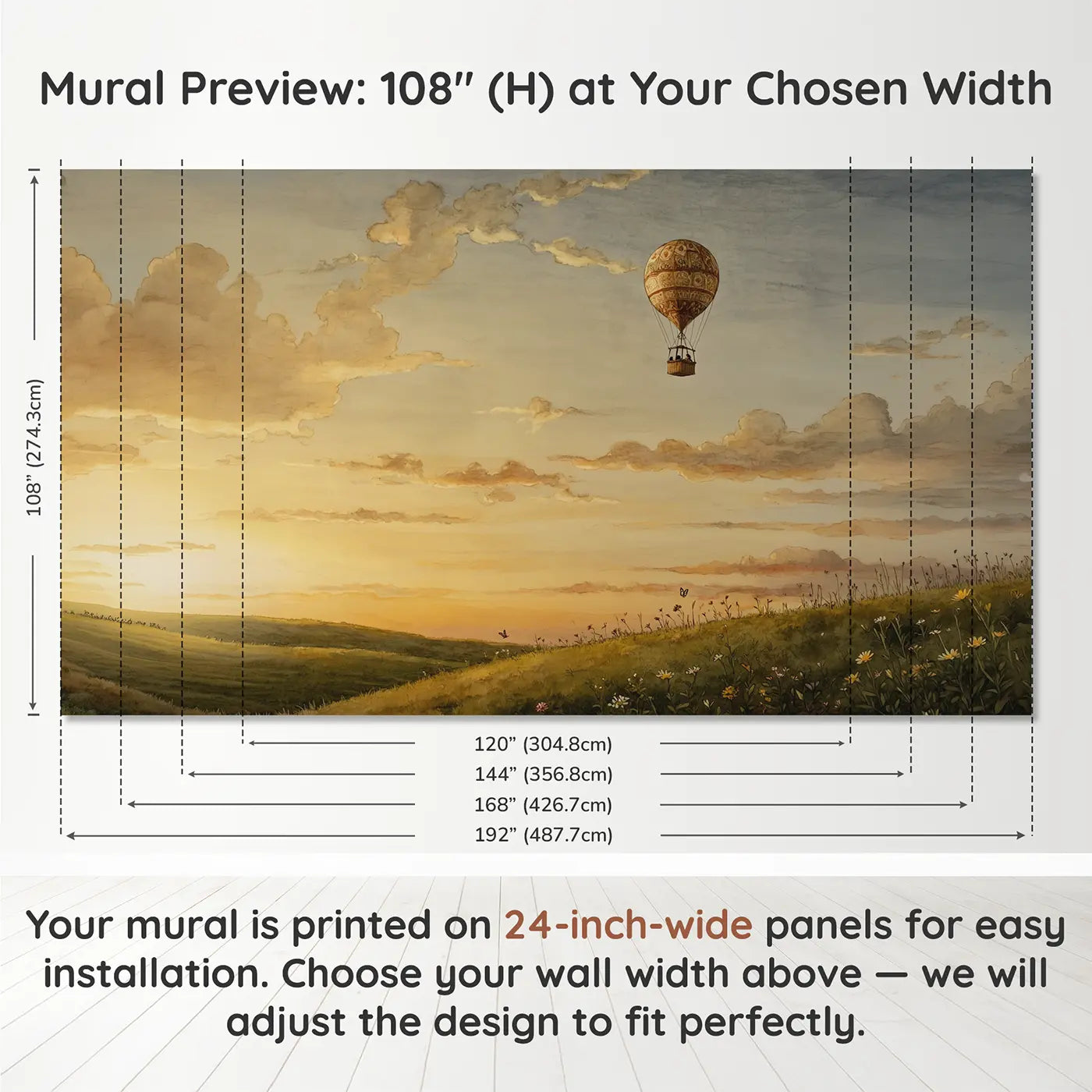 Panel layout and dimensions for Single Ornate Balloon Vast Wallpaper Mural by Whimsy Tots