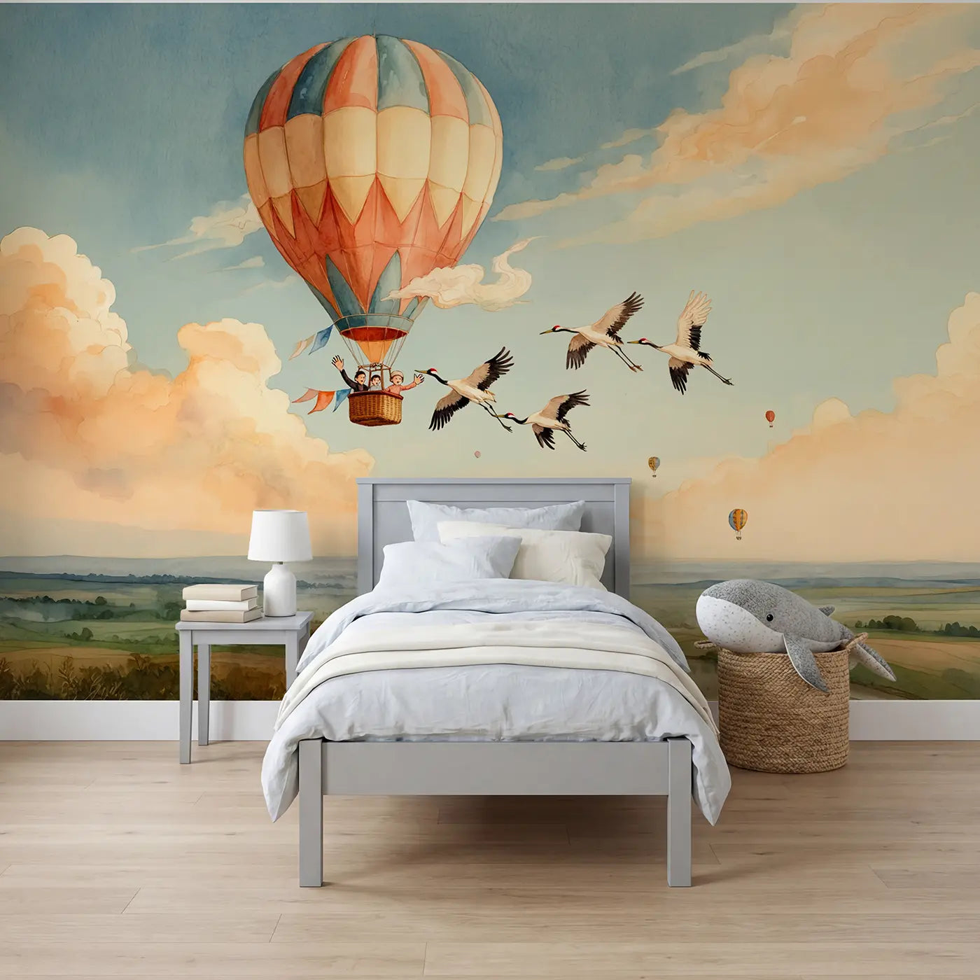 watercolor balloon passengers crane family sky mural for boys room by Whimsy Tots