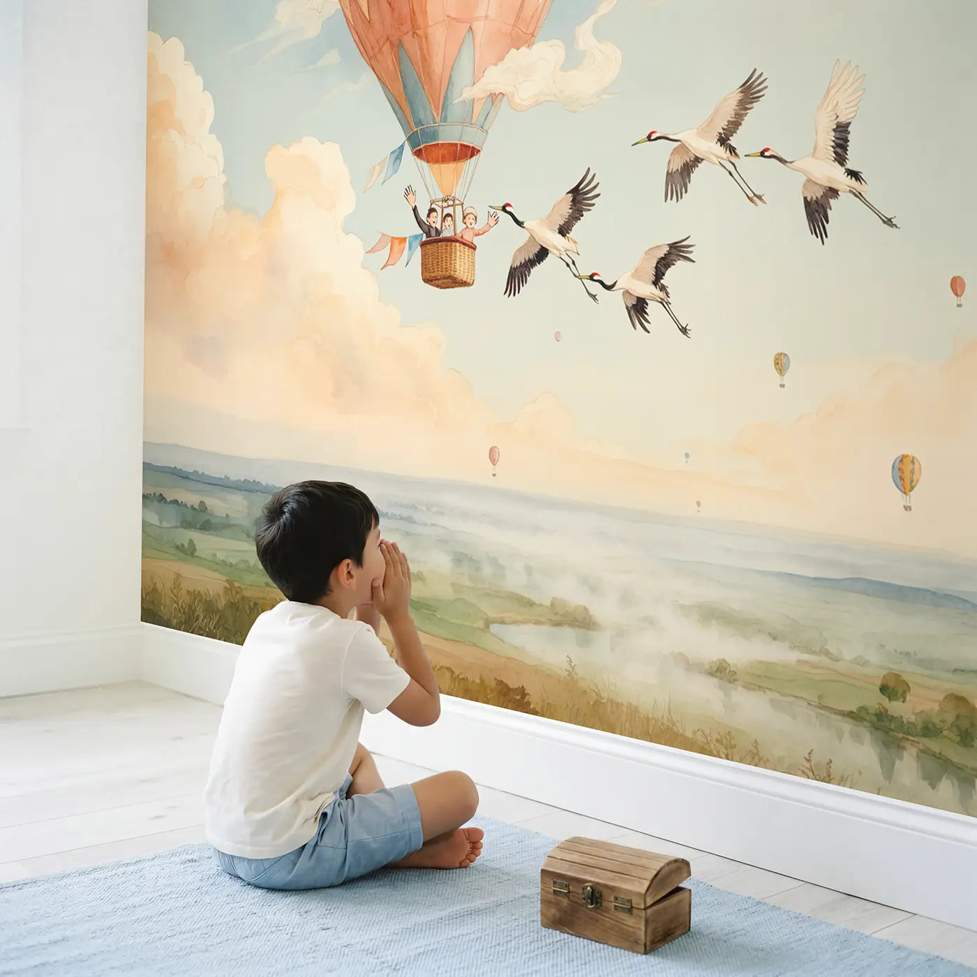 Child in nursery with Balloon Passengers and Crane Family Wallpaper Mural by Whimsy Tots