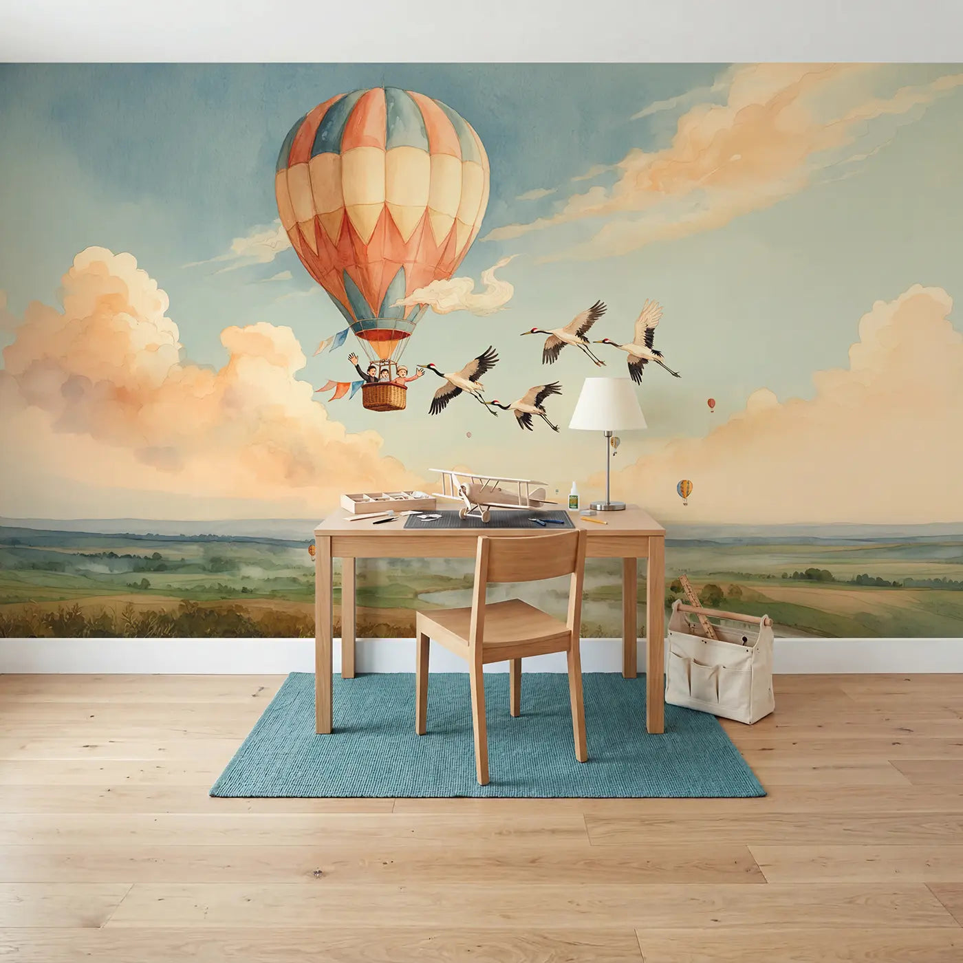 Balloon Passengers and Crane Family Wallpaper Mural in playroom setting by Whimsy Tots