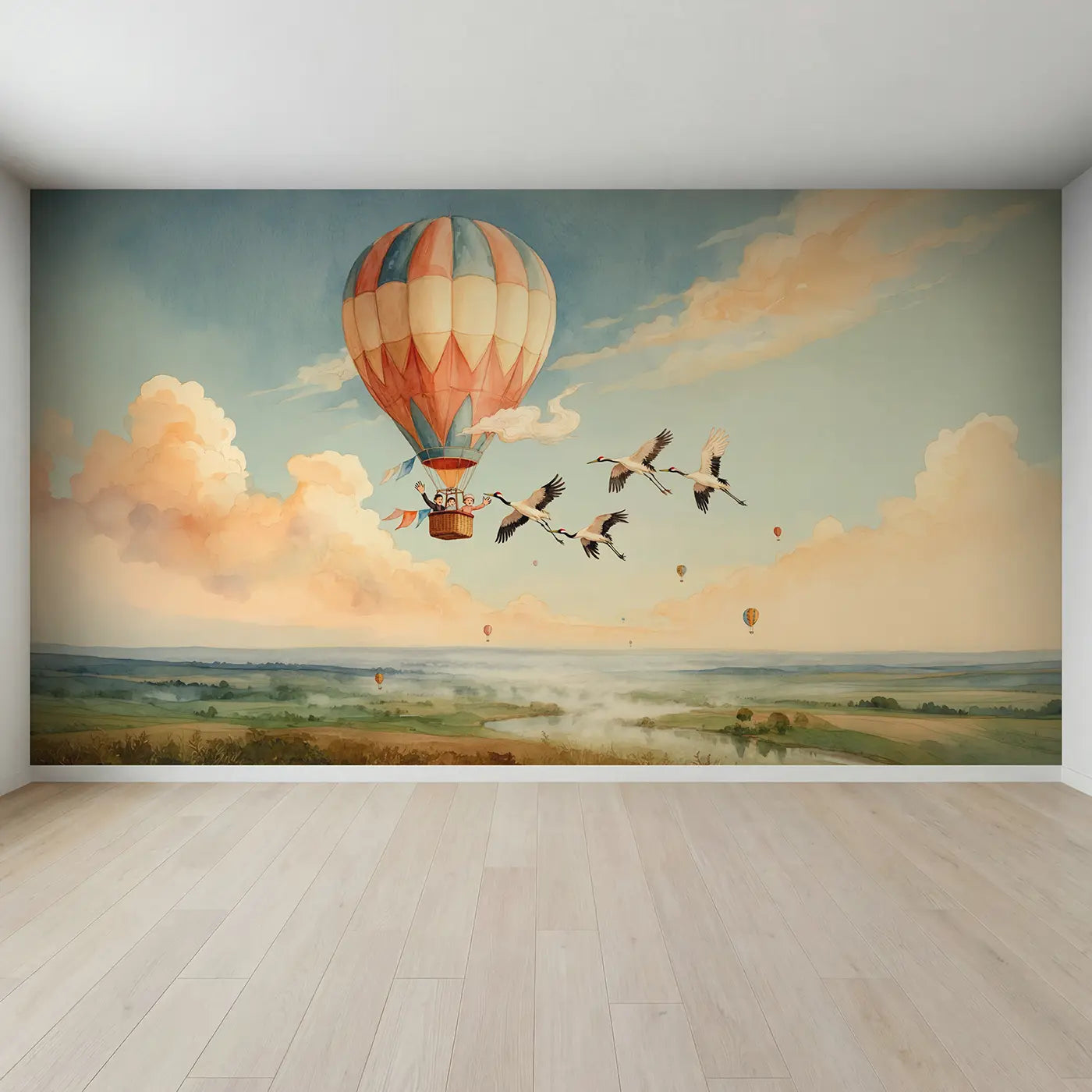 Full view of Balloon Passengers and Crane Family Wallpaper Mural by Whimsy Tots