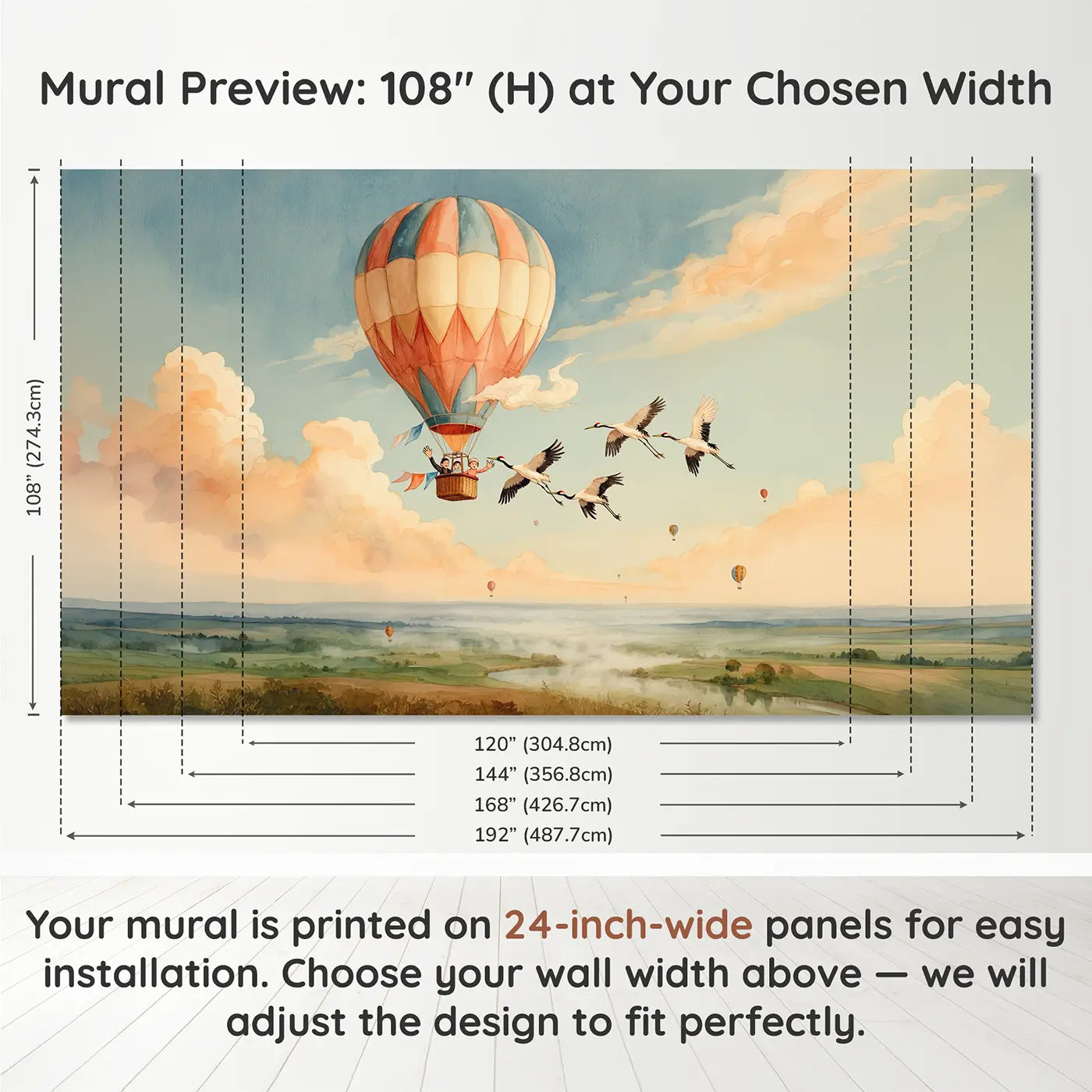 Panel layout and dimensions for Balloon Passengers and Crane Family Wallpaper Mural by Whimsy Tots