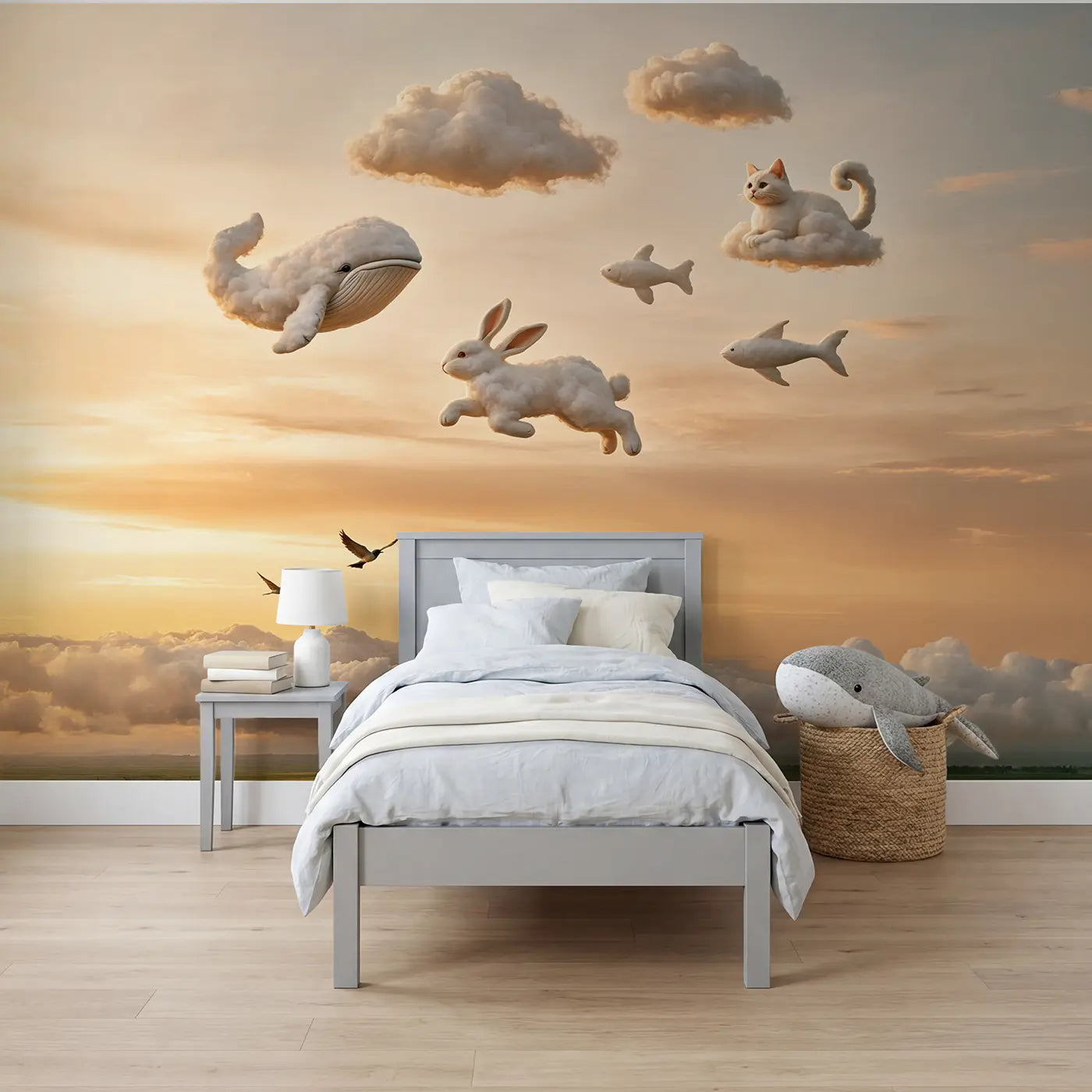 Soft Pastel cloud animal sky wallpaper mural for kids room by Whimsy Tots