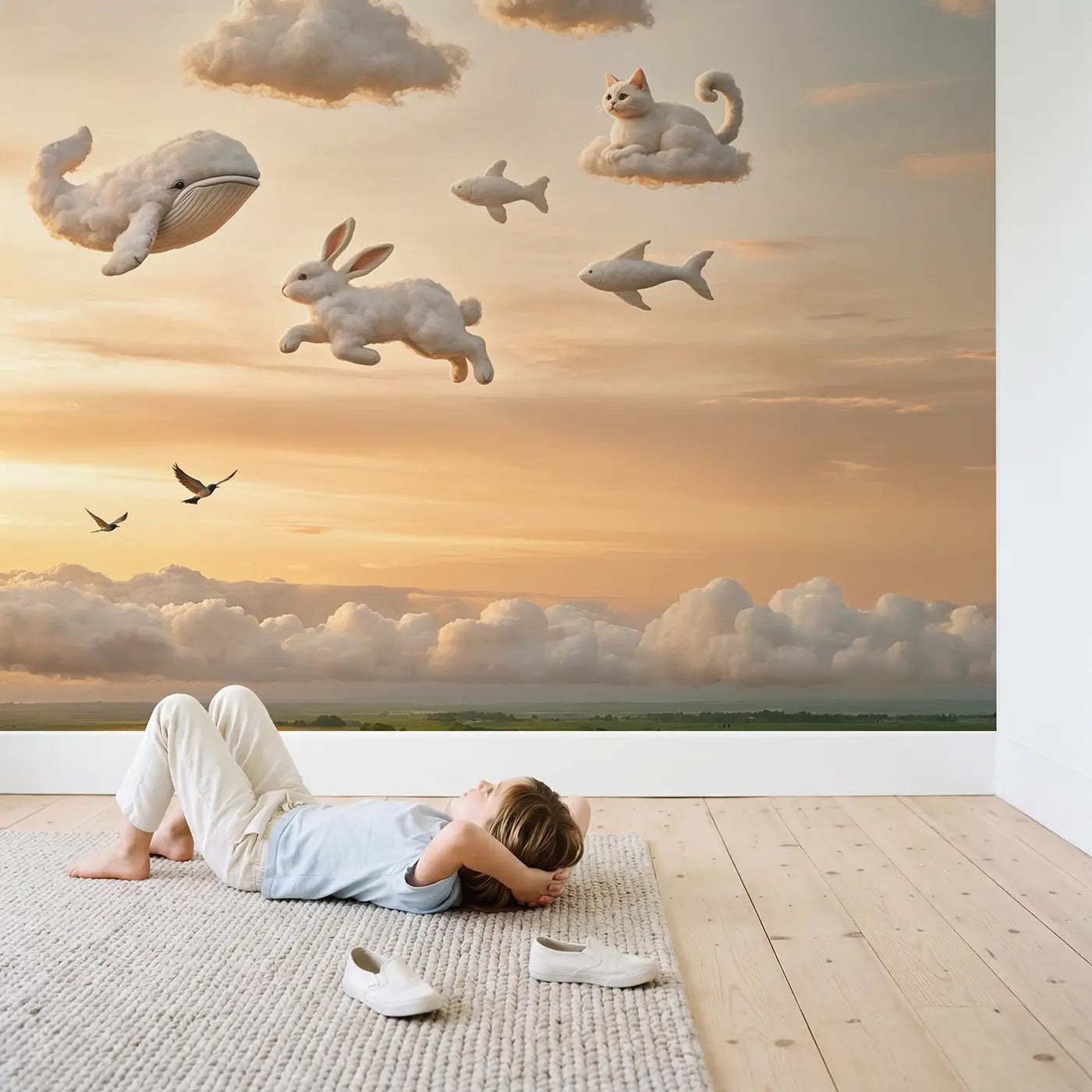 Child in nursery with Cloud Animal Sky Wallpaper Mural by Whimsy Tots