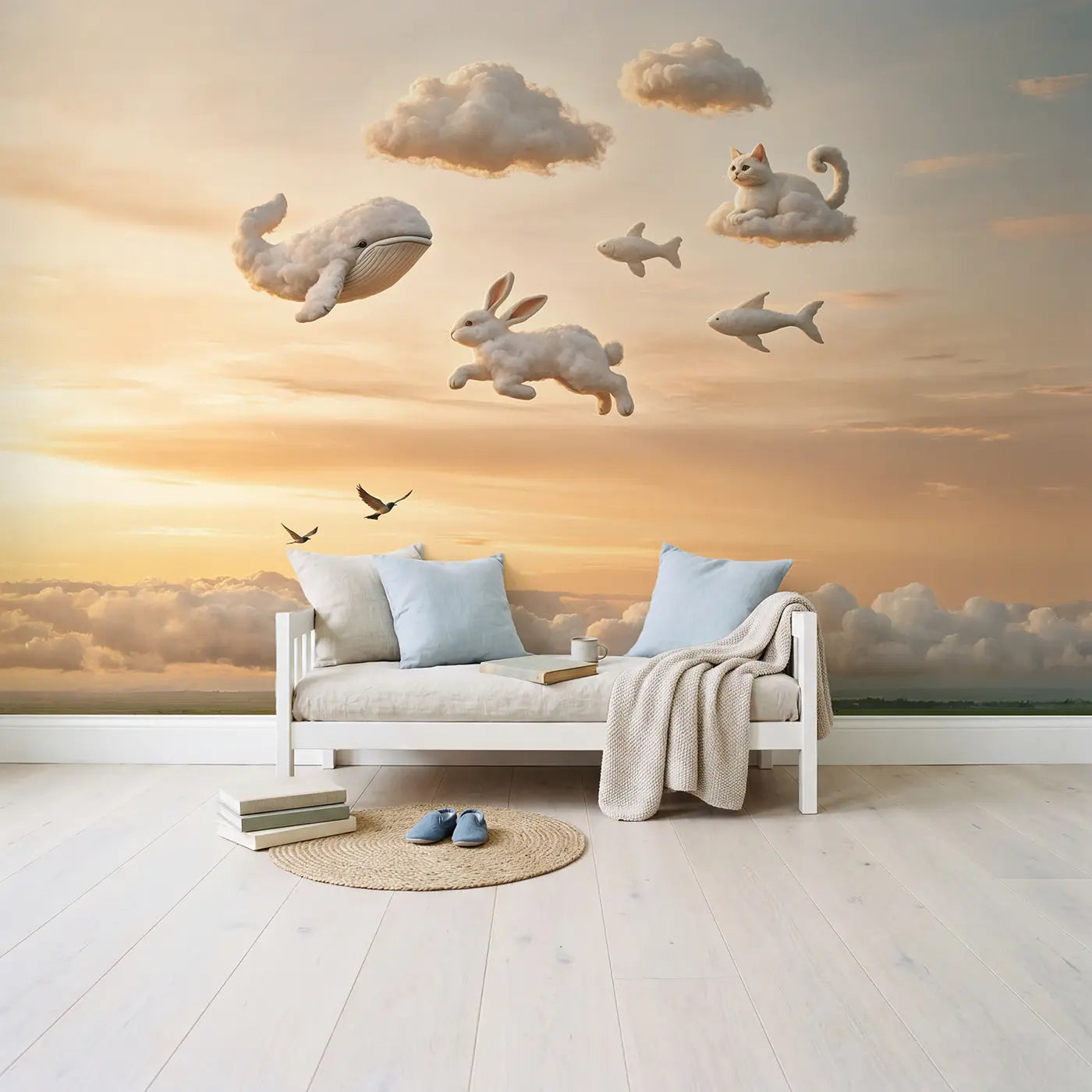 Cloud Animal Sky Wallpaper Mural in playroom setting by Whimsy Tots