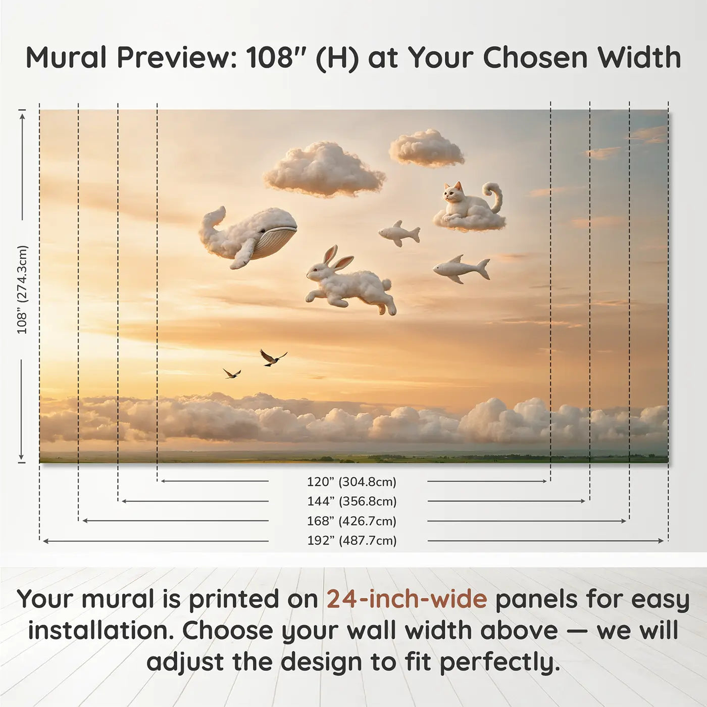 Panel layout and dimensions for Cloud Animal Sky Wallpaper Mural by Whimsy Tots