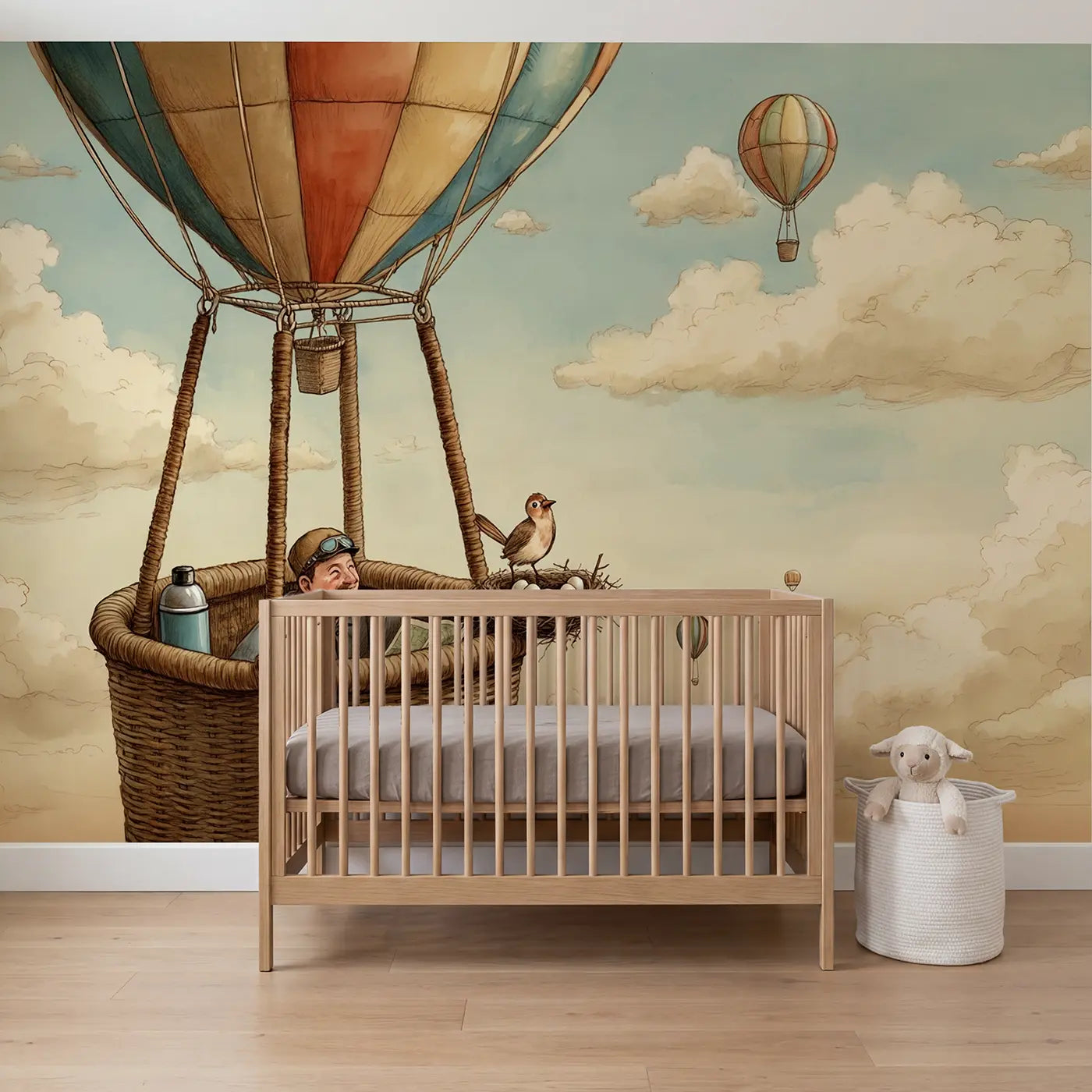 Storybook hot air balloon sky wallpaper mural for nursery by Whimsy Tots