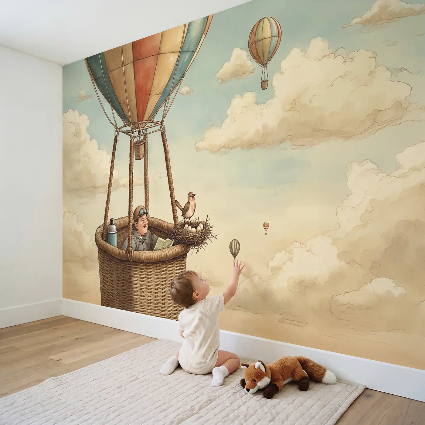Child in nursery with Balloon Basket Bird Nest Wallpaper Mural by Whimsy Tots