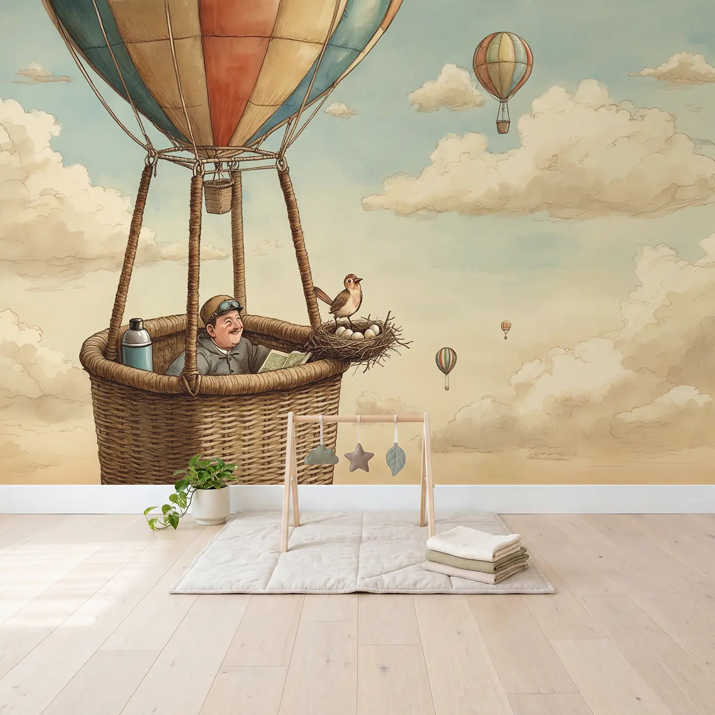 Balloon Basket Bird Nest Wallpaper Mural in playroom setting by Whimsy Tots