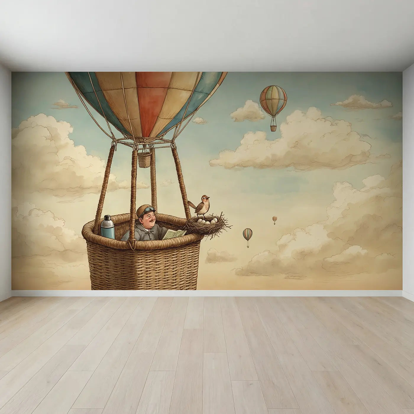 Full view of Balloon Basket Bird Nest Wallpaper Mural by Whimsy Tots