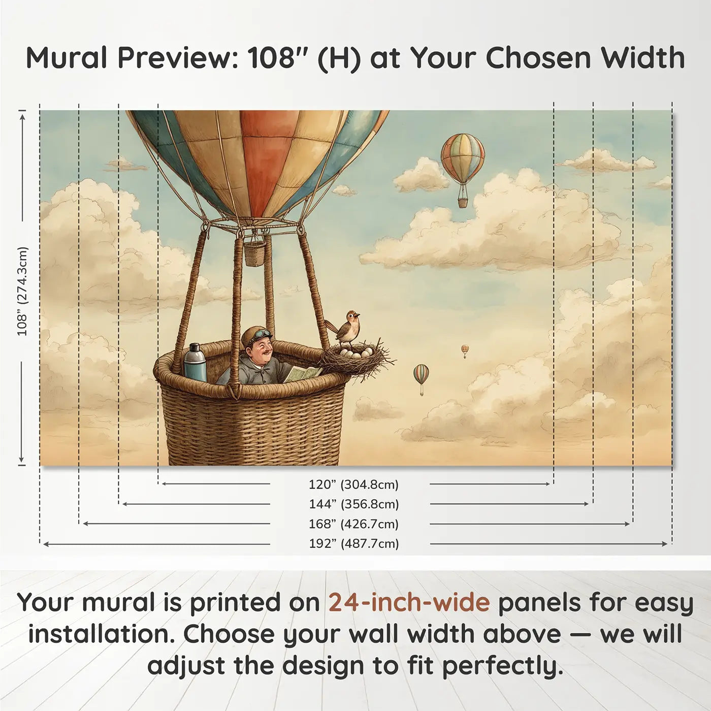 Panel layout and dimensions for Balloon Basket Bird Nest Wallpaper Mural by Whimsy Tots