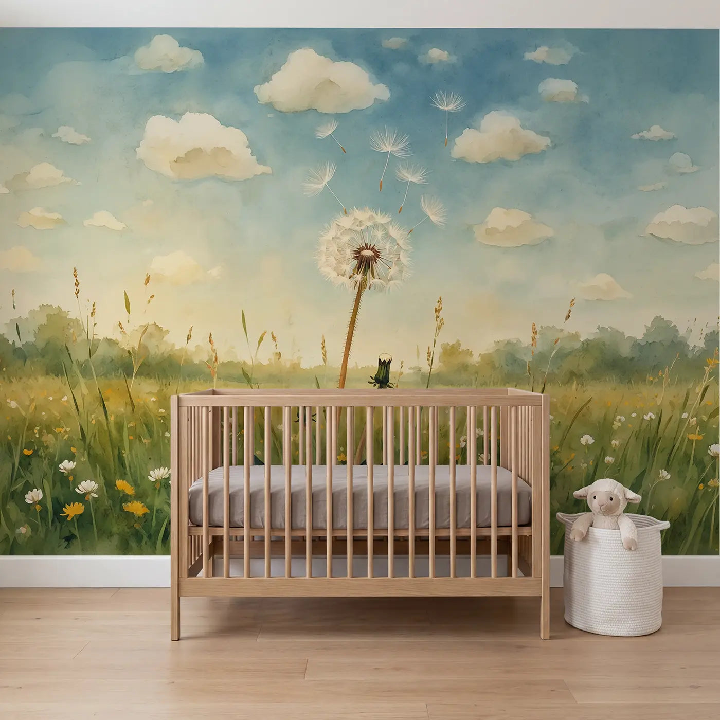 Watercolor dandelion cloud sky wallpaper mural for nursery by Whimsy Tots