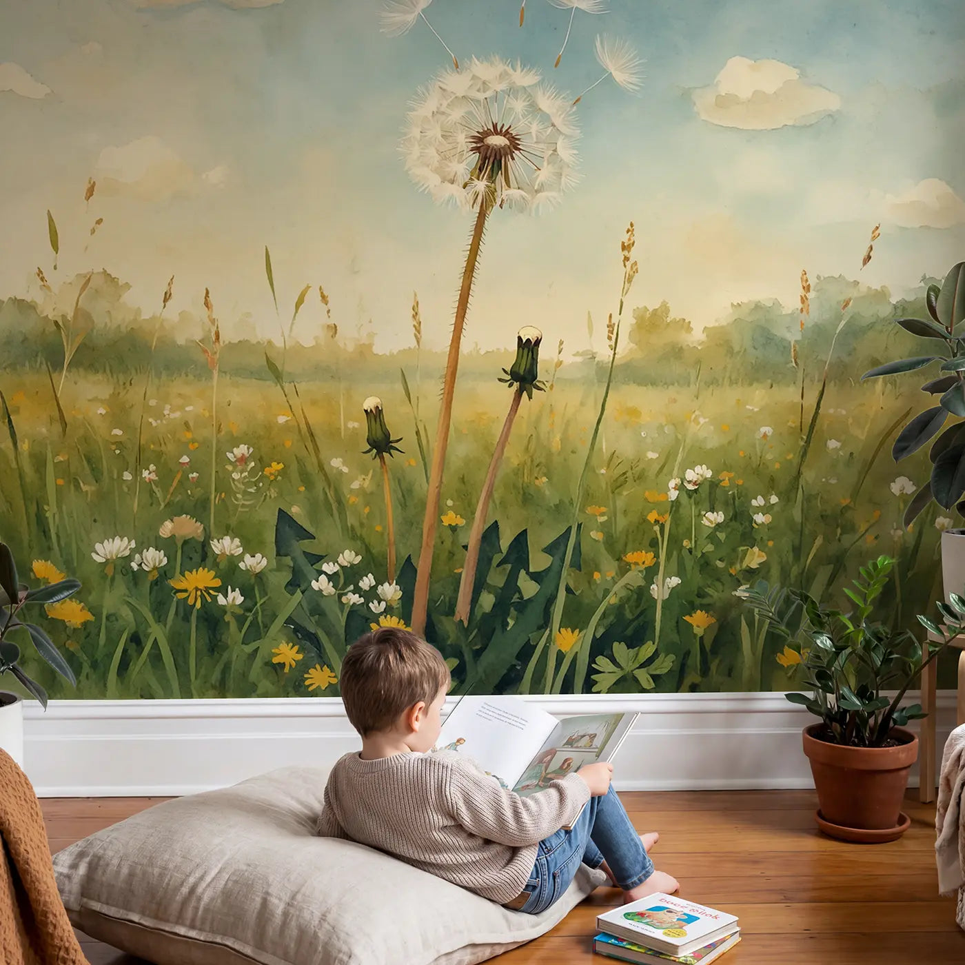 Child in nursery with Dandelion Cloud Dream Wallpaper Mural by Whimsy Tots