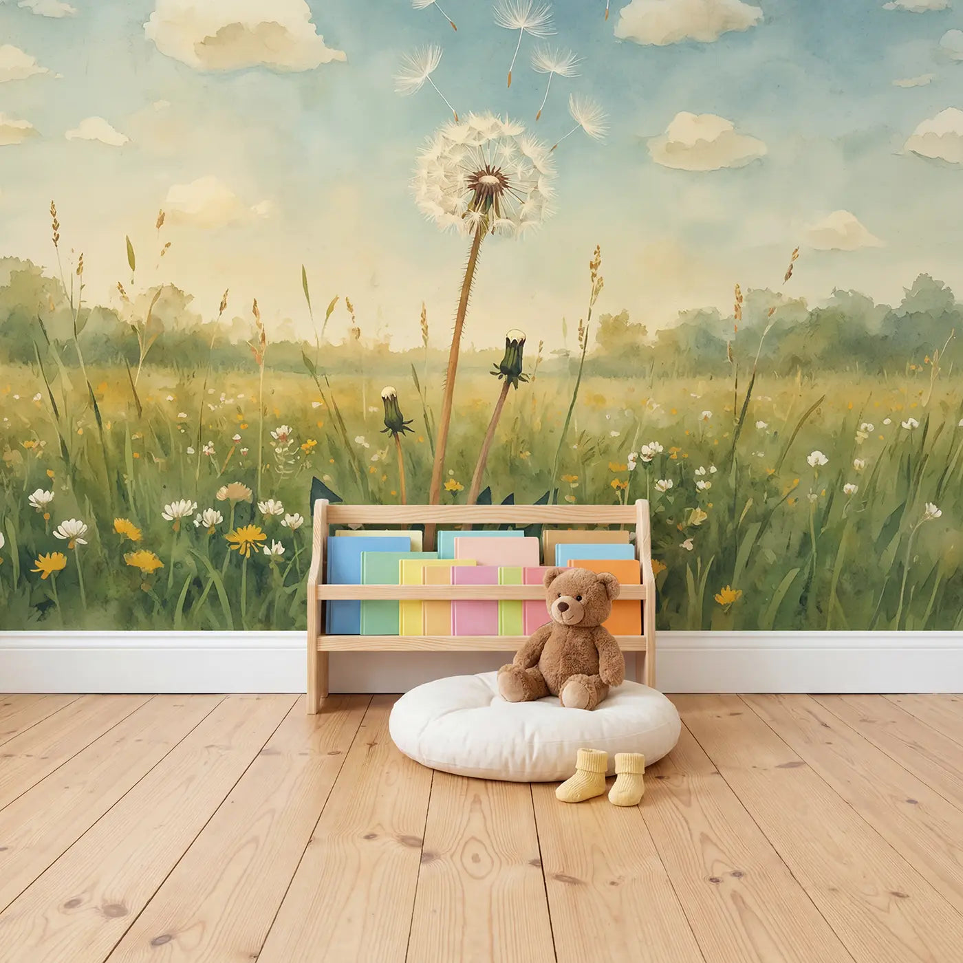Dandelion Cloud Dream Wallpaper Mural in playroom setting by Whimsy Tots