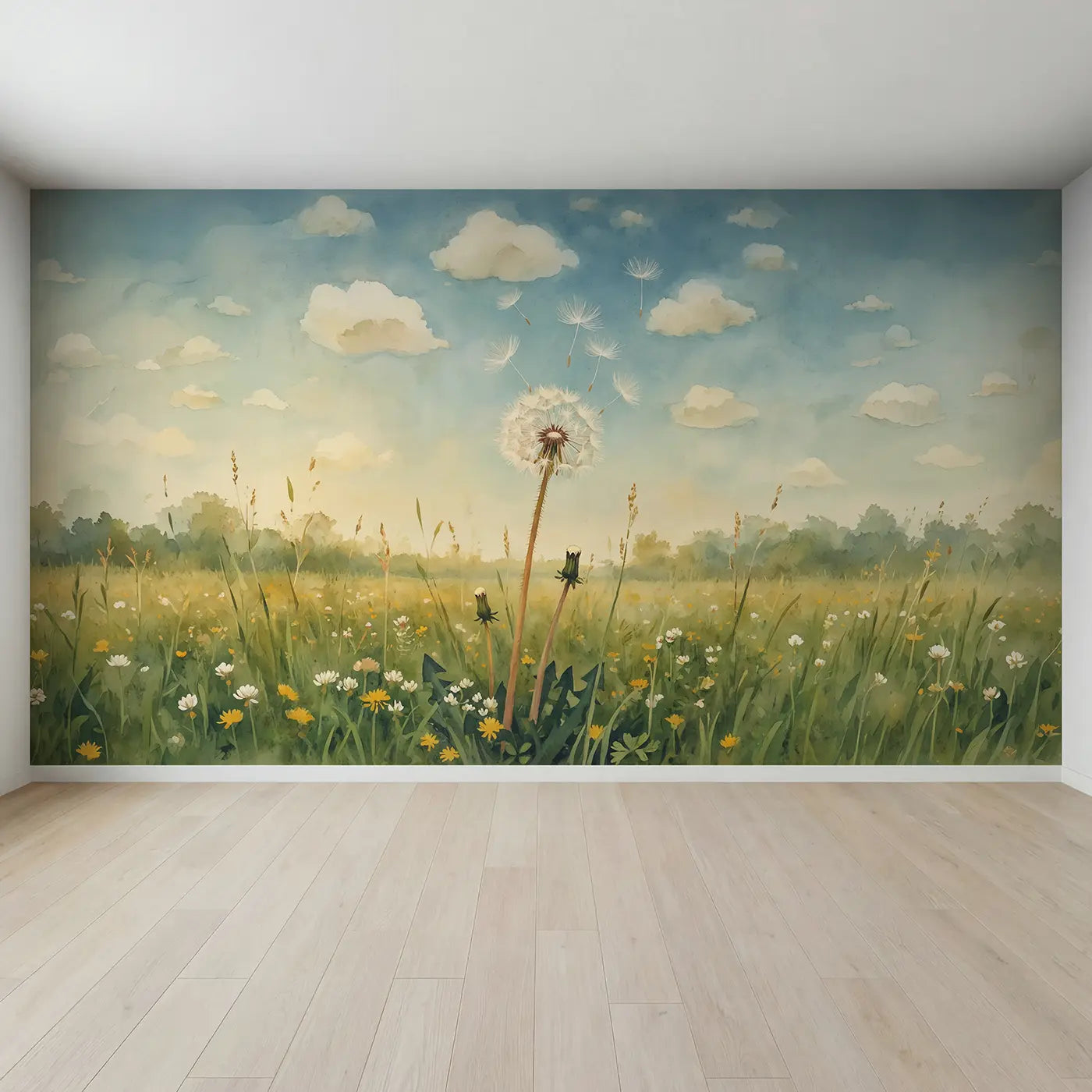Full view of Dandelion Cloud Dream Wallpaper Mural by Whimsy Tots