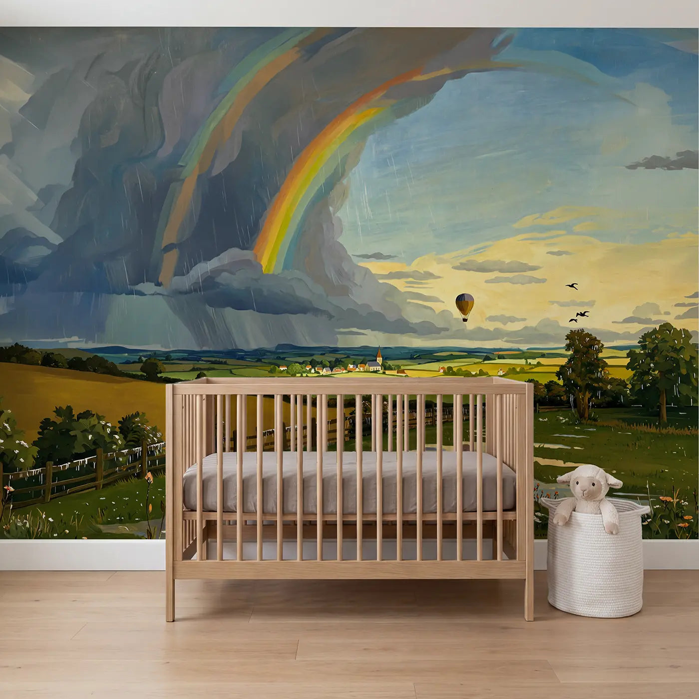 Modern illustration rainbow storm clearing sky wallpaper mural for nursery by Whimsy Tots
