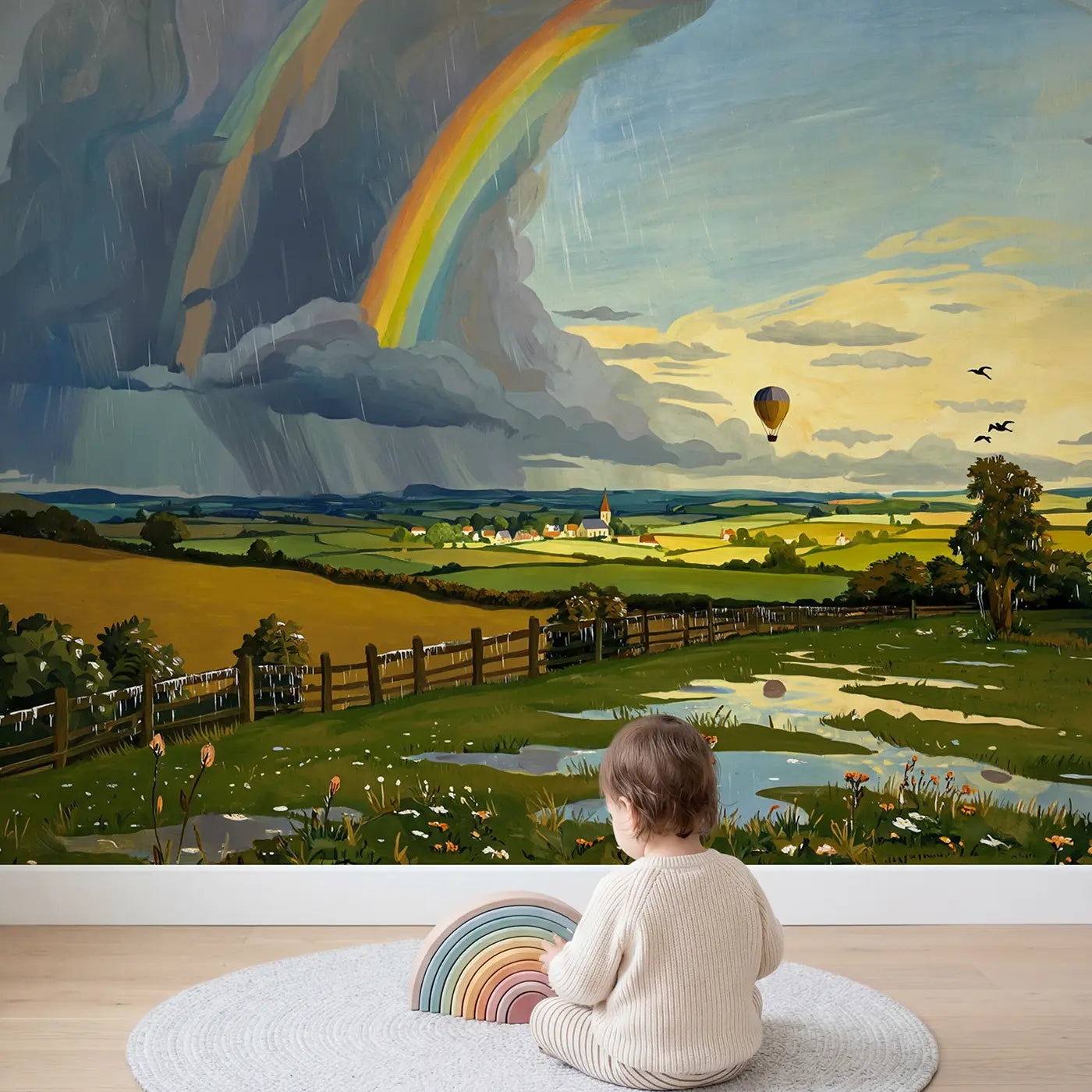 Child in nursery with Rainbow Storm Clearing Sky Wallpaper Mural by Whimsy Tots
