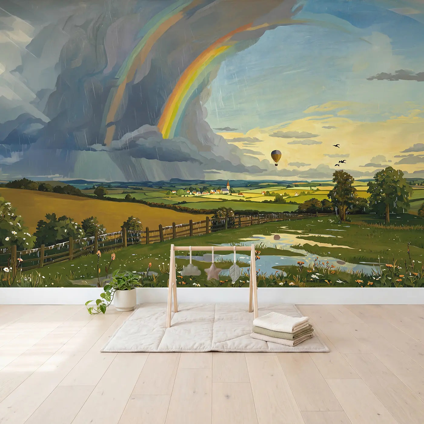 Rainbow Storm Clearing Sky Wallpaper Mural in playroom setting by Whimsy Tots