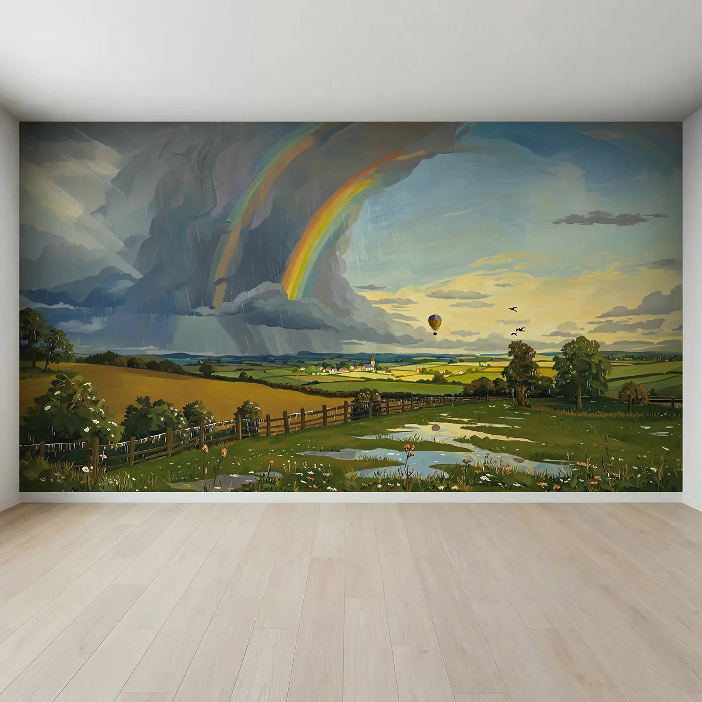 Full view of Rainbow Storm Clearing Sky Wallpaper Mural by Whimsy Tots