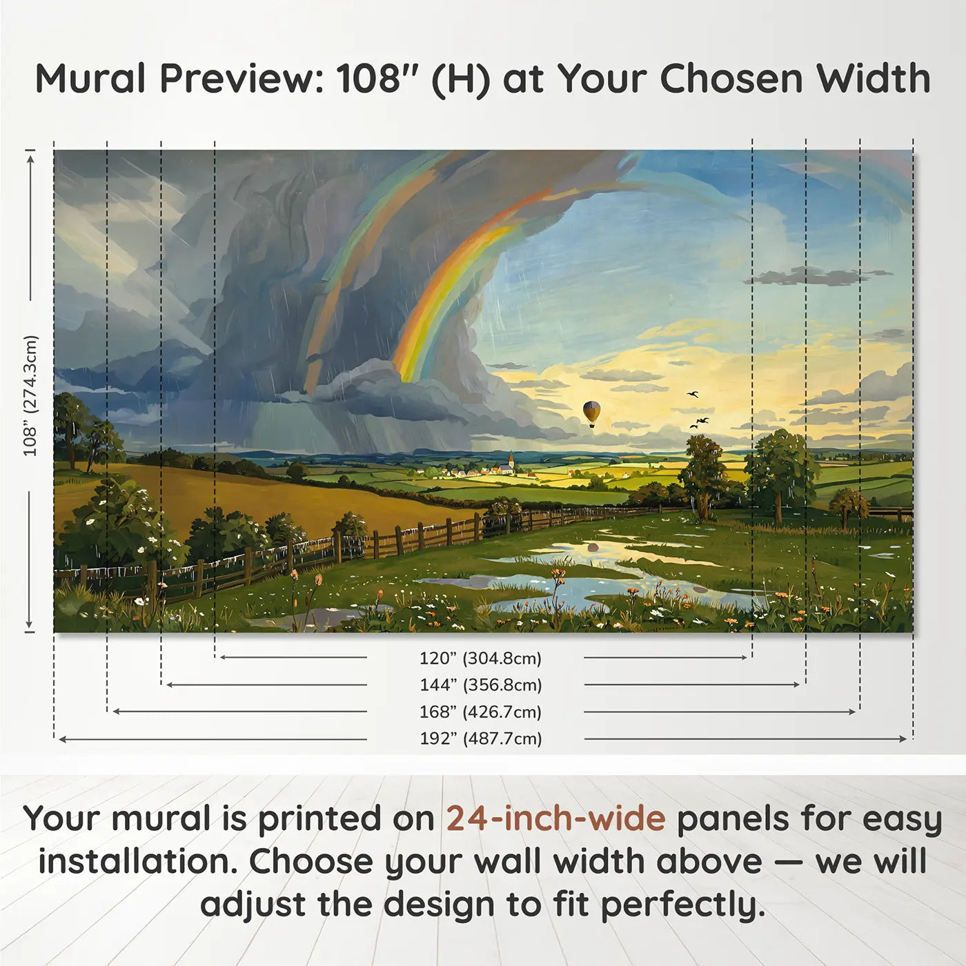 Panel layout and dimensions for Rainbow Storm Clearing Sky Wallpaper Mural by Whimsy Tots