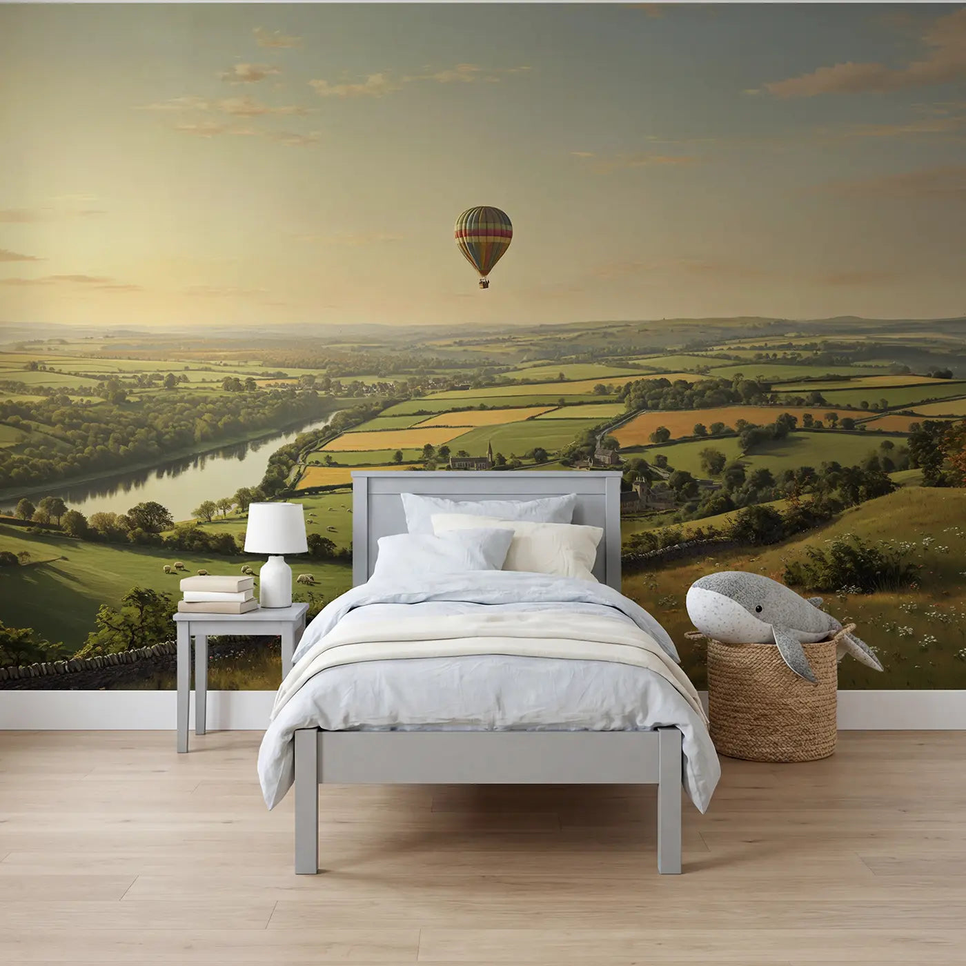 Botanical elegance hot air balloon and cloud wallpaper mural for boys room by Whimsy Tots