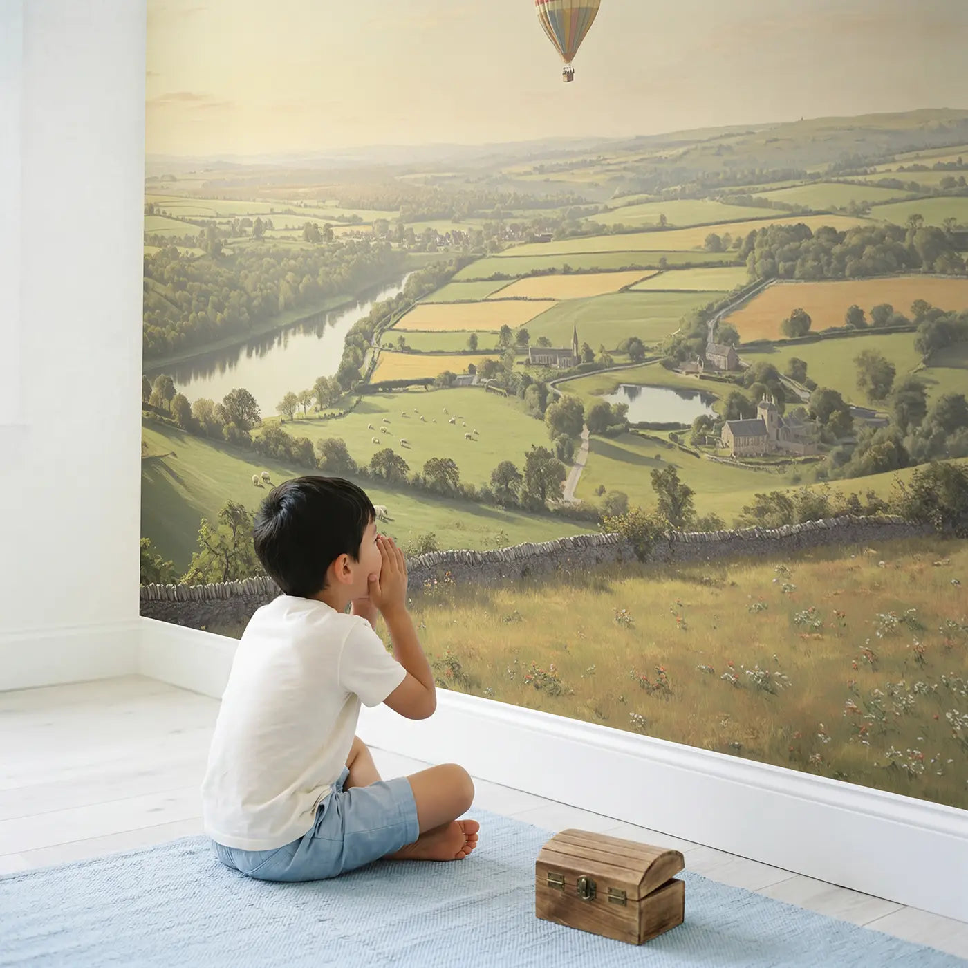 Child in nursery with Hot Air Balloon Patchwork Fields Wallpaper Mural by Whimsy Tots