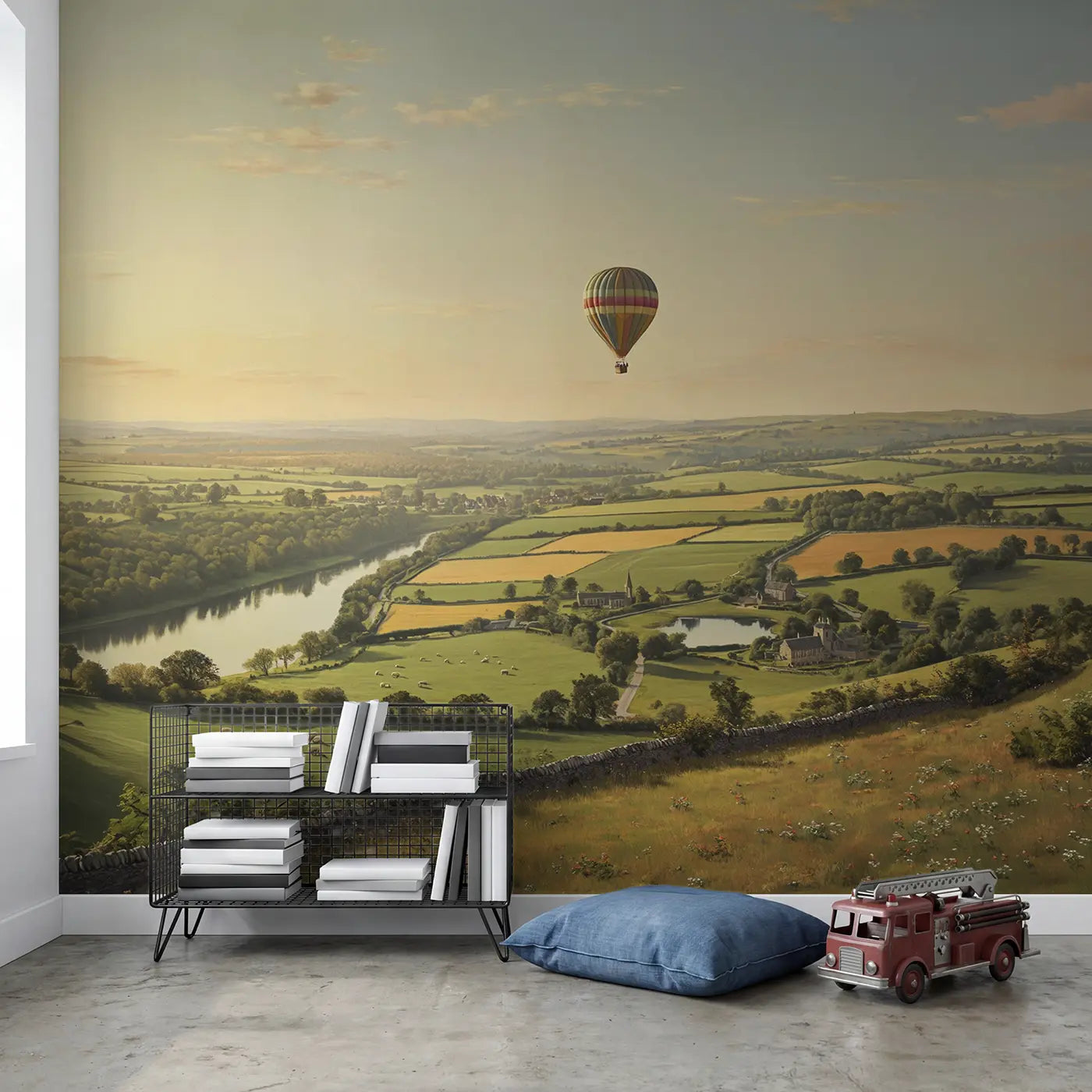 Hot Air Balloon Patchwork Fields Wallpaper Mural in playroom setting by Whimsy Tots