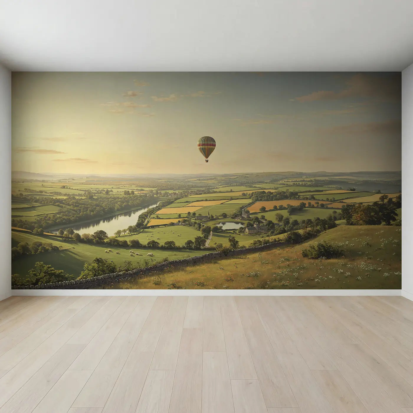 Full view of Hot Air Balloon Patchwork Fields Wallpaper Mural by Whimsy Tots