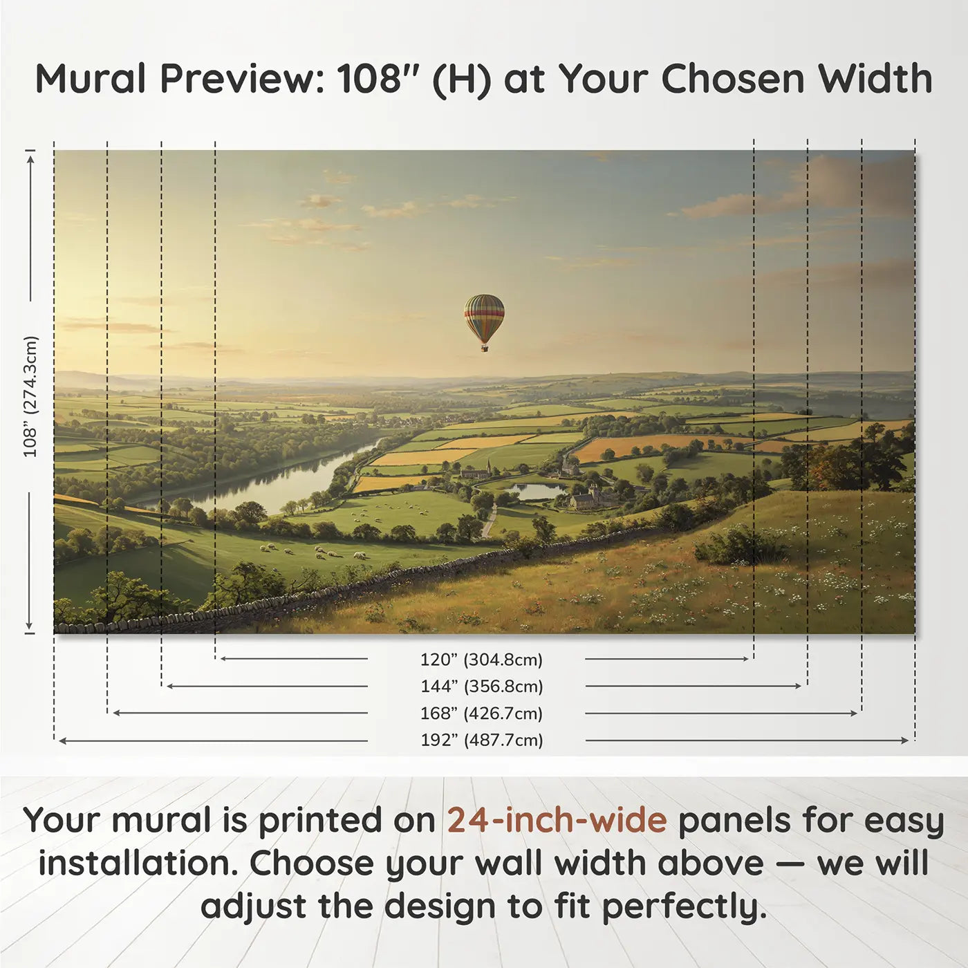 Panel layout and dimensions for Hot Air Balloon Patchwork Fields Wallpaper Mural by Whimsy Tots