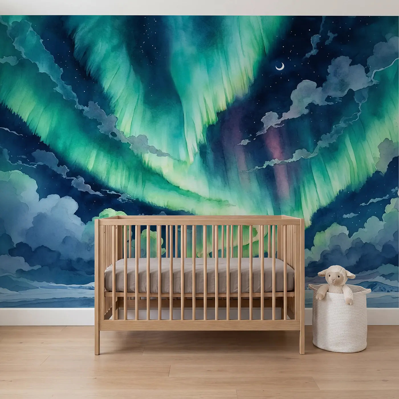 Watercolor polar aurora clouds night sky wallpaper mural for nursery by Whimsy Tots