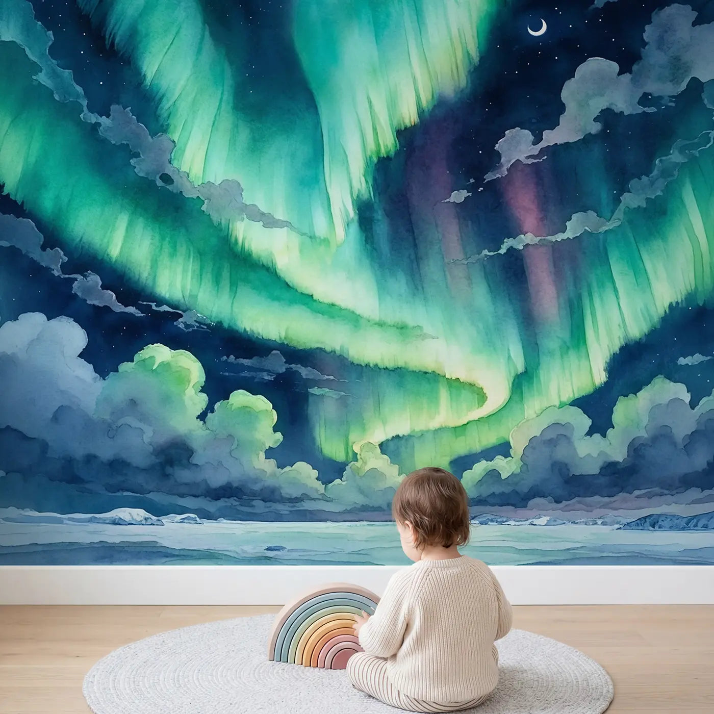 Child in nursery with Polar Aurora Clouds Wallpaper Mural by Whimsy Tots