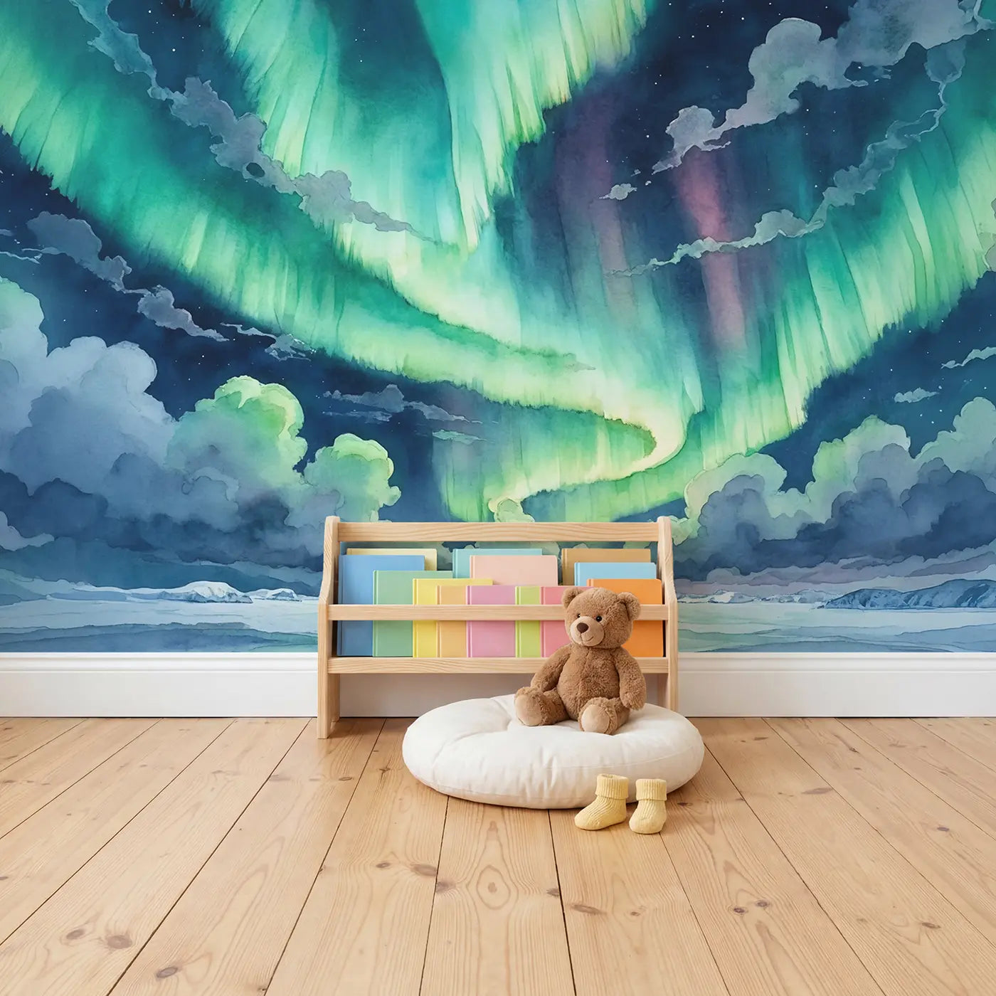Polar Aurora Clouds Wallpaper Mural in playroom setting by Whimsy Tots