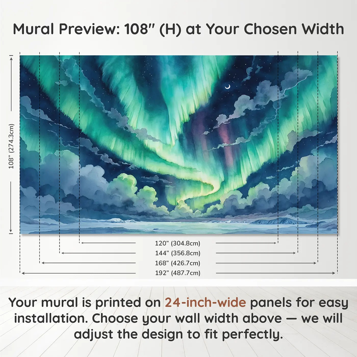 Panel layout and dimensions for Polar Aurora Clouds Wallpaper Mural by Whimsy Tots