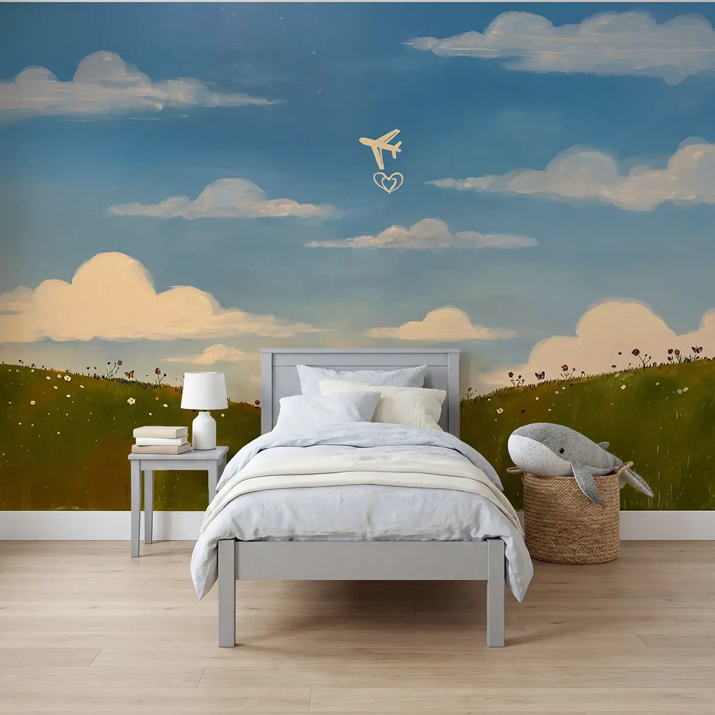 illustrated skywriter plane heart clouds wallpaper mural for kids room by Whimsy Tots