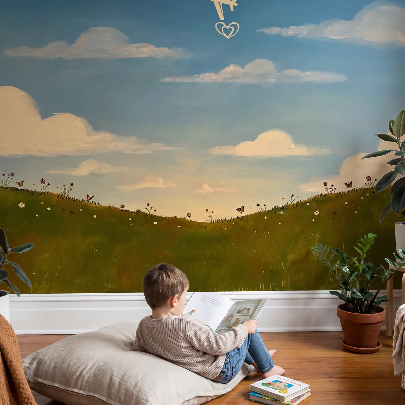 Child in nursery with Skywriter Plane Leaving Heart Wallpaper Mural by Whimsy Tots