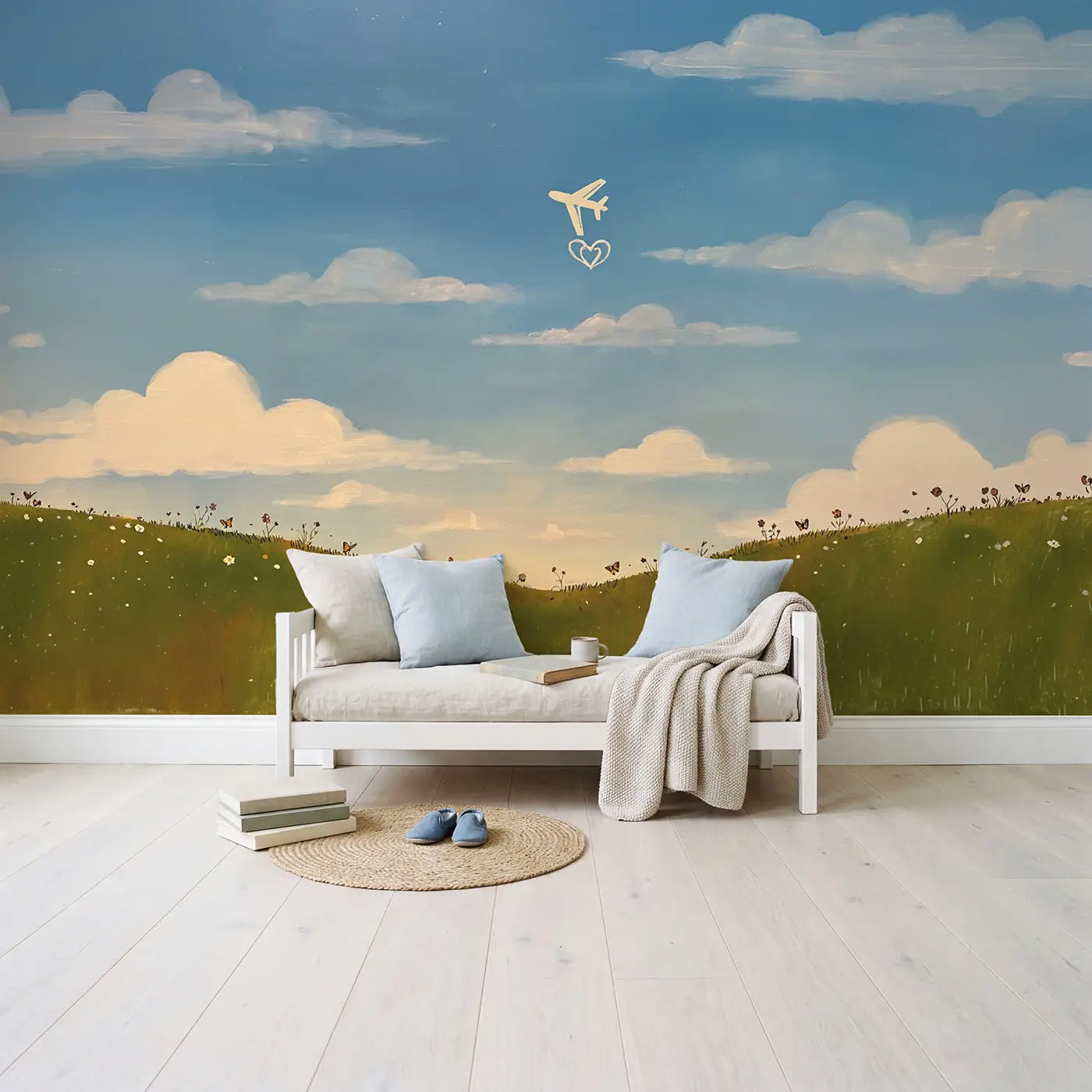 Skywriter Plane Leaving Heart Wallpaper Mural in playroom setting by Whimsy Tots