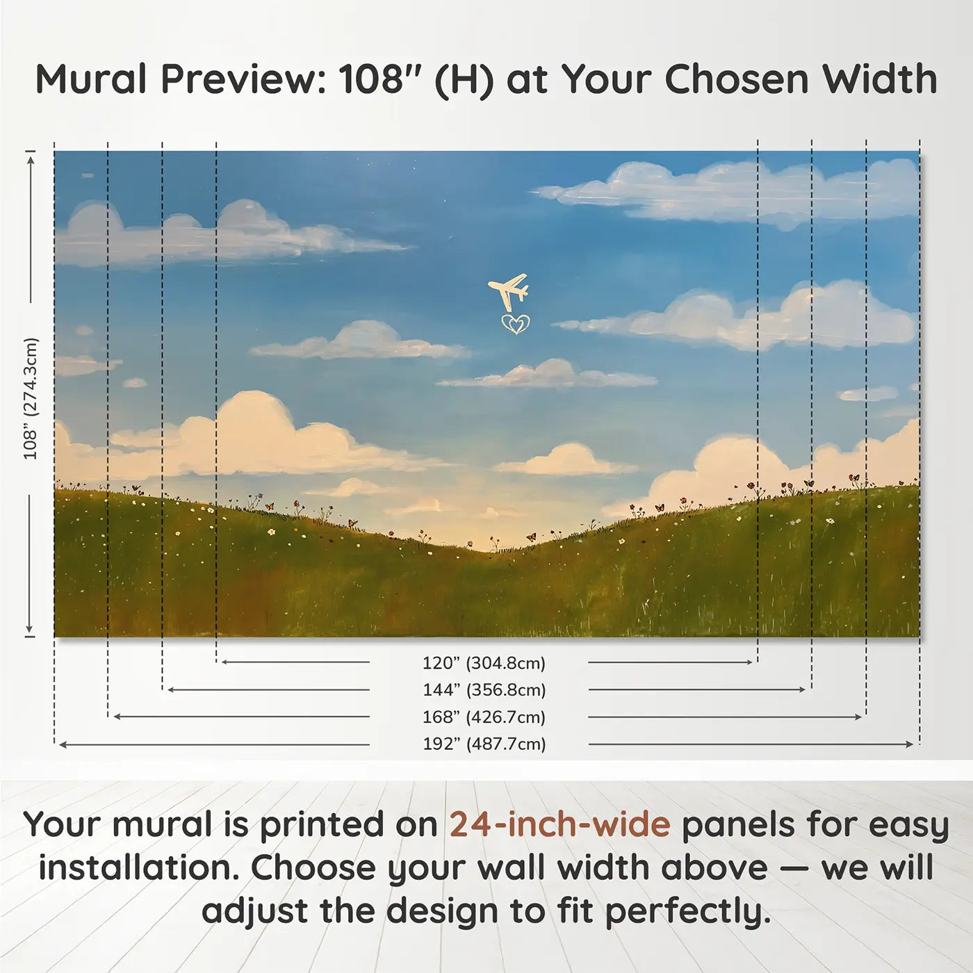 Panel layout and dimensions for Skywriter Plane Leaving Heart Wallpaper Mural by Whimsy Tots