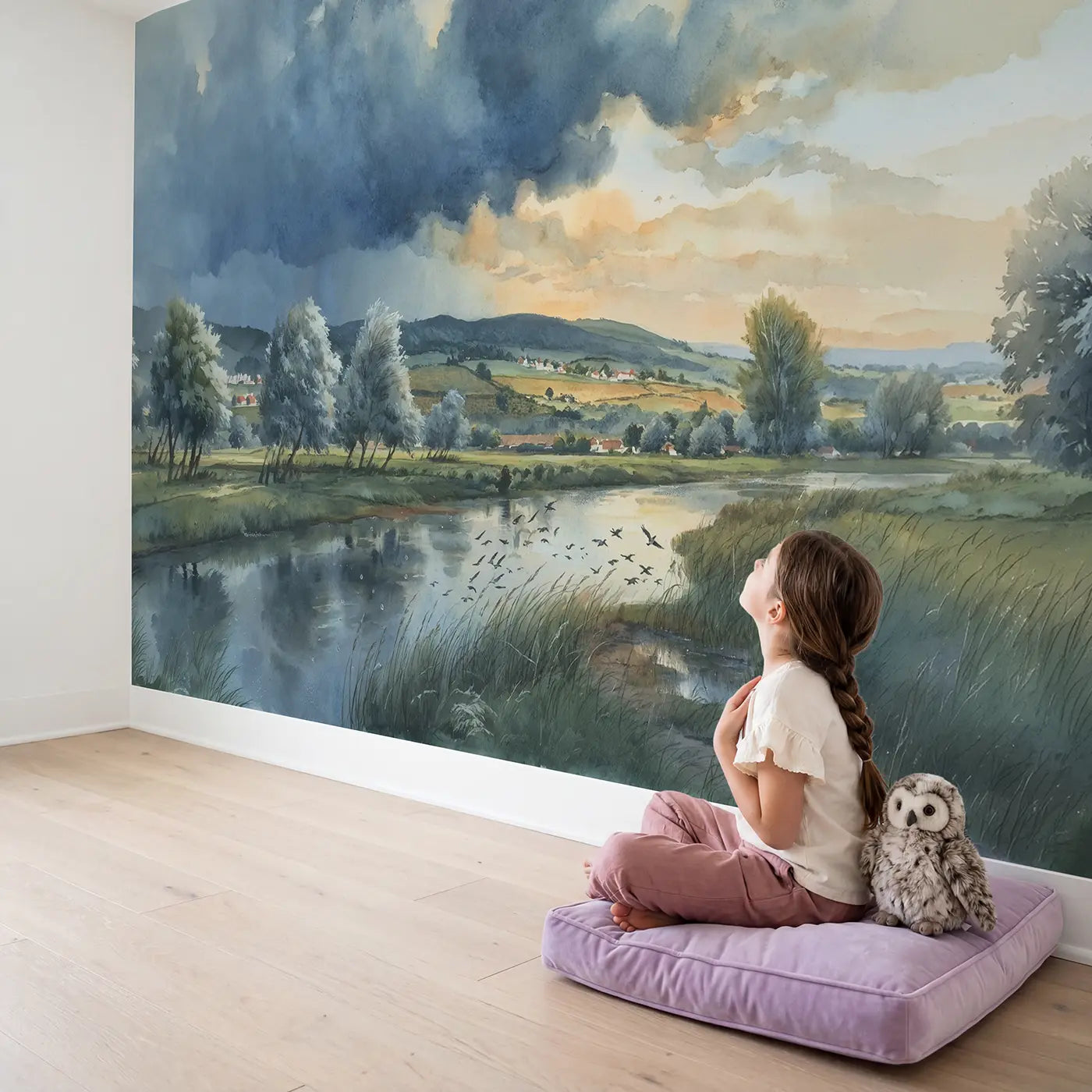 Child in nursery with Approaching Storm Pastoral Wallpaper Mural by Whimsy Tots