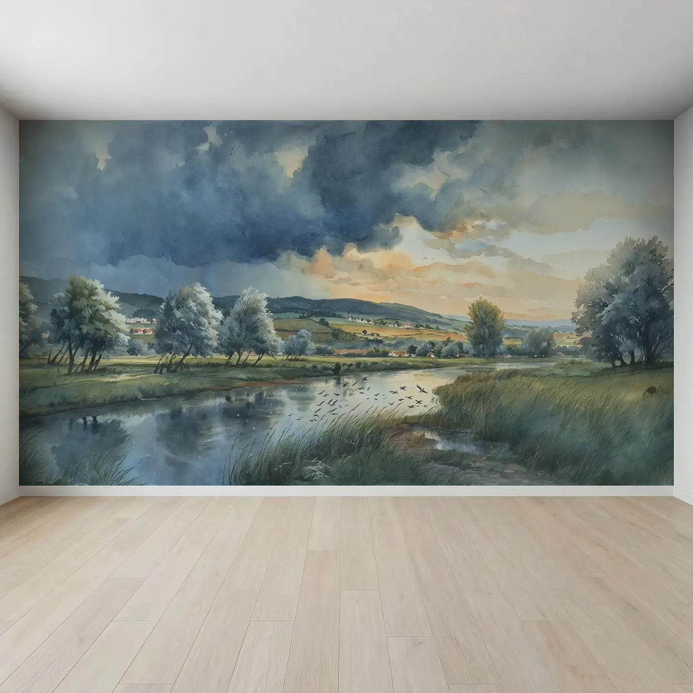 Full view of Approaching Storm Pastoral Wallpaper Mural by Whimsy Tots