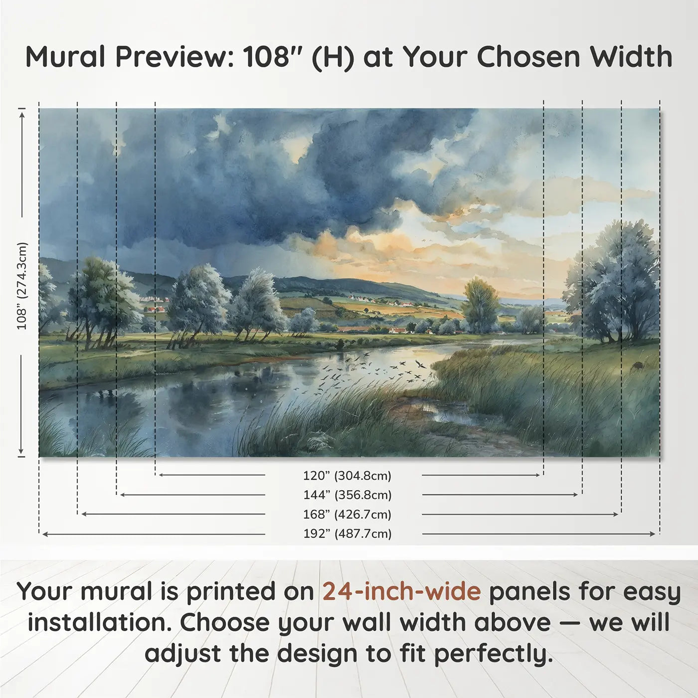 Panel layout and dimensions for Approaching Storm Pastoral Wallpaper Mural by Whimsy Tots