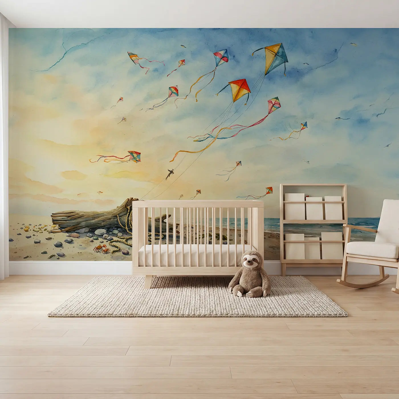 Watercolor kites seaside sky clouds wallpaper mural for kids room by Whimsy Tots