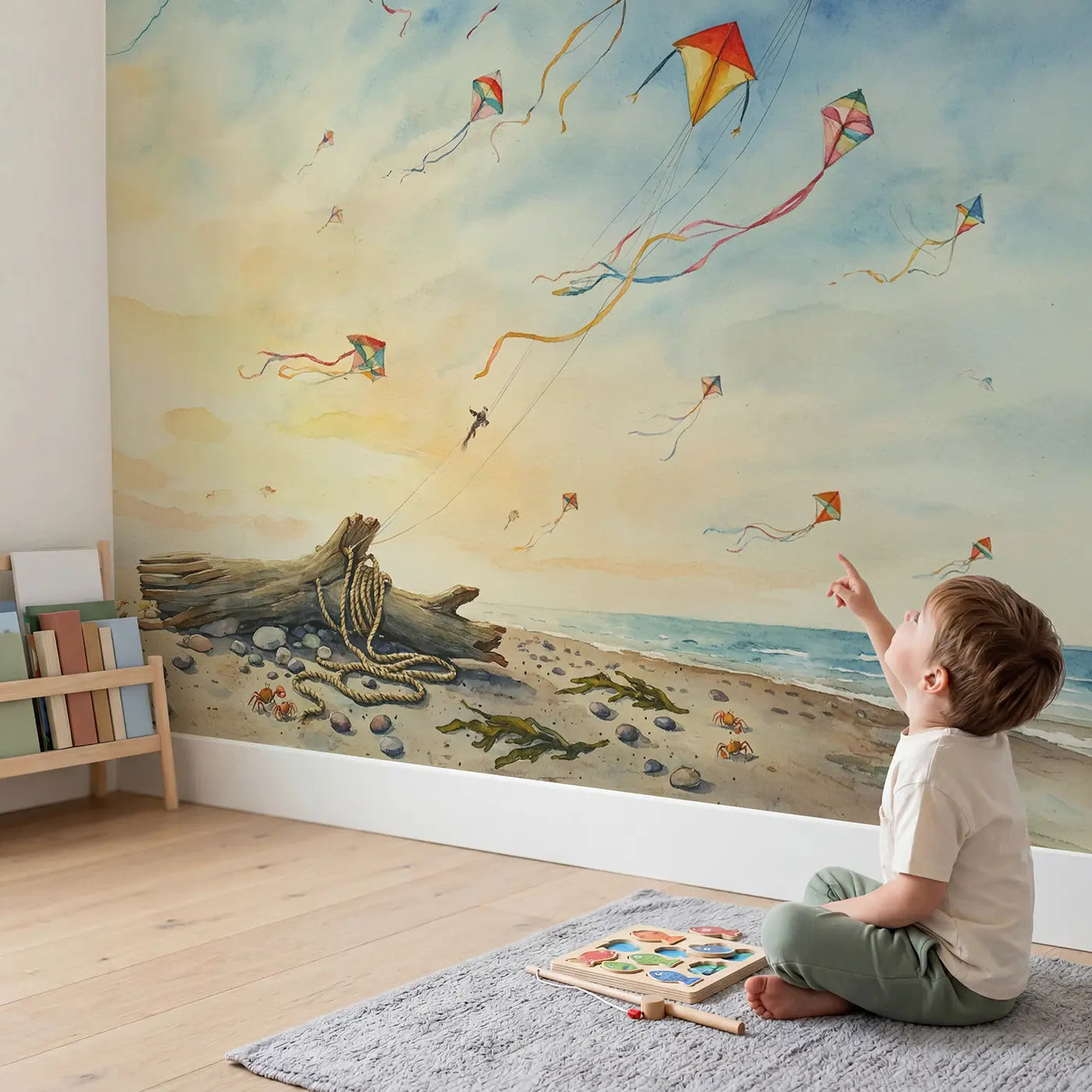 Child in nursery with Kites Tangled Together Above Wallpaper Mural by Whimsy Tots
