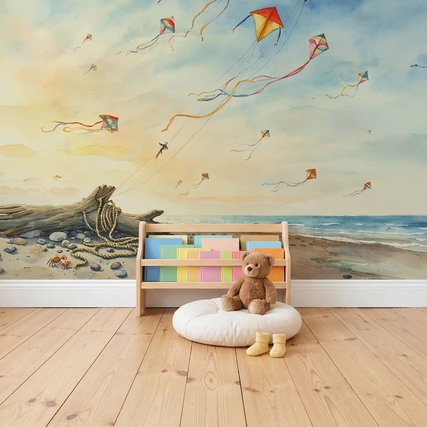 Kites Tangled Together Above Wallpaper Mural in playroom setting by Whimsy Tots