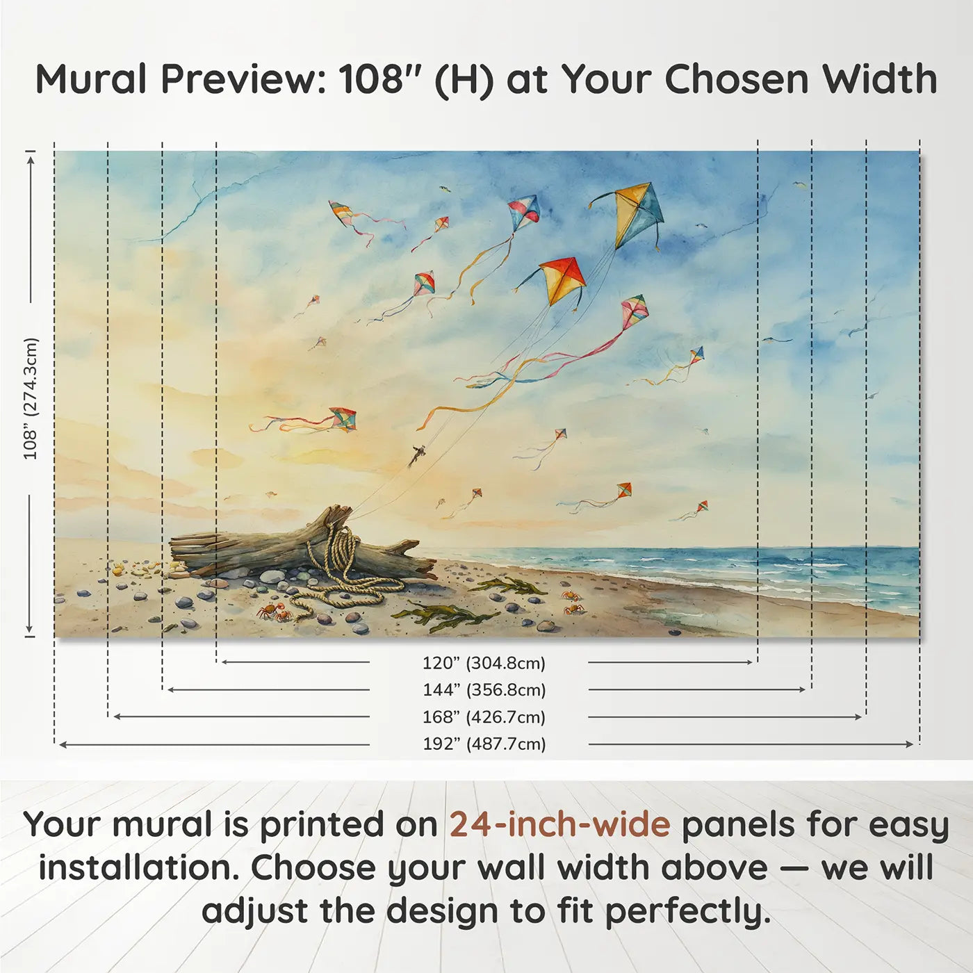 Panel layout and dimensions for Kites Tangled Together Above Wallpaper Mural by Whimsy Tots