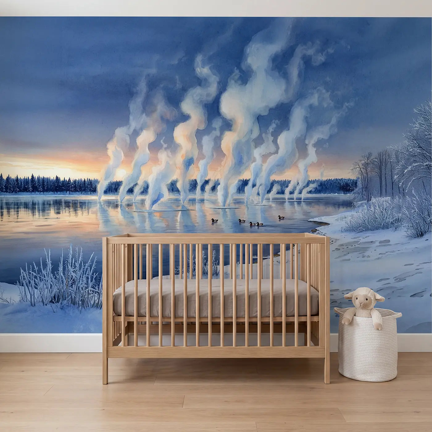 Watercolor frost smoke winter lake dawn wallpaper mural for kids room by Whimsy Tots