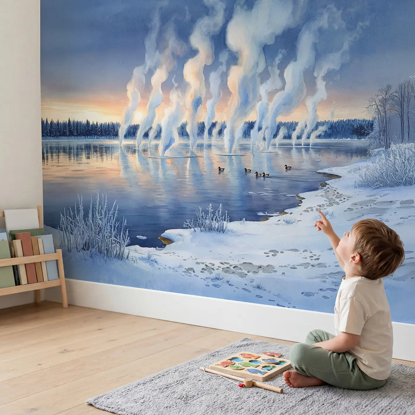 Child in nursery with Frost Smoke Winter Lake Dawn Wallpaper Mural by Whimsy Tots
